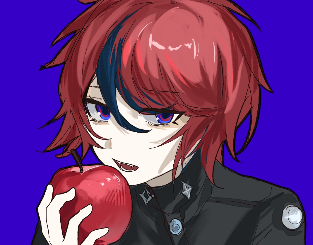 sumino takumi, the hundred line -last defense academy-, chinese commentary, commentary request, 1boy, ahoge, apple, black hair, black jacket, blue background, blue eyes, buttons, food, fruit, gloves, holding, holding food, holding fruit, jacket, last defense academy school uniform, male focus, multicolored hair, open mouth, portrait, red hair, school uniform, short hair, simple background, solo, streaked hair, two-tone hair, white gloves, yunrong83778