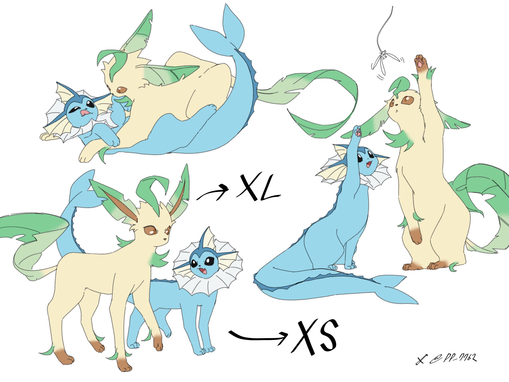 pp 7762, leafeon, vaporeon, nintendo, pokemon, highres, :<, :d, :p, animal focus, animal hands, black eyes, blue fur, brown eyes, brown fur, cetacean tail, fang, fins, fish tail, full body, gen 1 pokemon, gen 4 pokemon, green fur, head fins, leaf, looking at another, lying, no humans, on back, open mouth, paw up, pawpads, pokemon (creature), pokemon focus, simple background, skin fang, smile, standing, tail, tongue, tongue out, white background, yellow fur