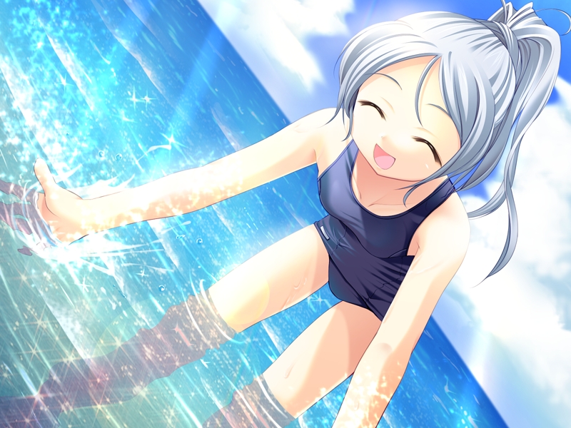 takoyaki (roast), kajiura saki, tangent, silver hair, 1girl, beach, blue one-piece swimsuit, blush, breasts, closed eyes, cloud, collarbone, leaning forward, loli, long hair, ocean, one-piece swimsuit, open mouth, ponytail, school swimsuit, sky, small breasts, smile, sparkle, swimsuit, water, wet