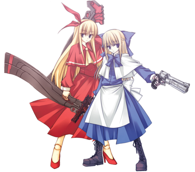 shiren, shiren (monochrome structure), hourai doll, shanghai doll, demonbane, touhou, bad id, bad pixiv id, 00s, 2girls, blonde hair, blue eyes, doll, doll joints, female focus, gun, hair ribbon, hairband, handgun, joints, multiple girls, revolver, ribbon, weapon