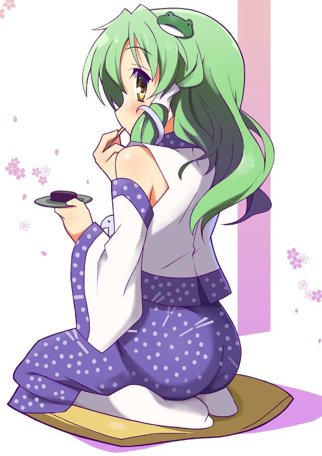 9law, kochiya sanae, touhou, bad id, bad pixiv id, 1girl, bare shoulders, detached sleeves, eating, female focus, food, green hair, looking back, seiza, sitting, socks, solo, yellow eyes