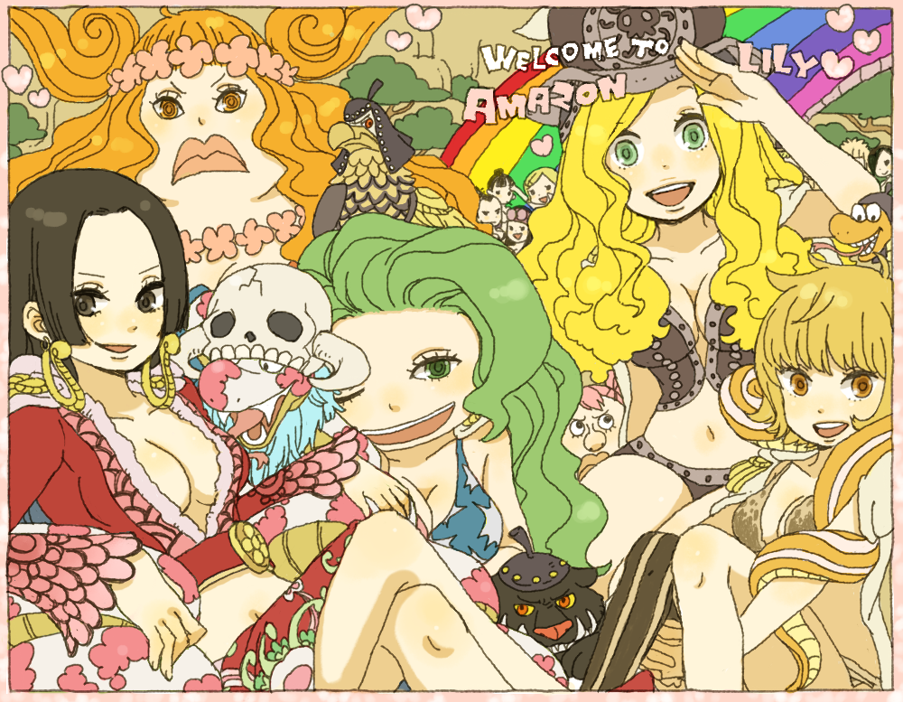 yukke, aphelandra, bacura (one piece), belladonna (one piece), boa hancock, boa marigold, boa sandersonia, daisy (one piece), kikyo (one piece), kikyou (one piece), marguerite (one piece), nerine (one piece), ran (one piece), rindou (one piece), salome (one piece), sweet pea (one piece), one piece, 6+girls, amazon lily, amazon warrior, bacura, bandeau, belladonna, bird, blonde hair, breasts, brown hair, cat, cleavage, crossed legs, eagle, earrings, family, fat, fat woman, female focus, green eyes, green hair, grin, hat, hawk, heart, horns, jewelry, large breasts, legs, lips, long hair, looking at viewer, matching hair/eyes, medium breasts, midriff, multiple girls, navel, one eye closed, orange hair, panther, pet, pink hair, pirate, rainbow, salute, siblings, sisters, sitting, skull, smile, snake, tree, wreath