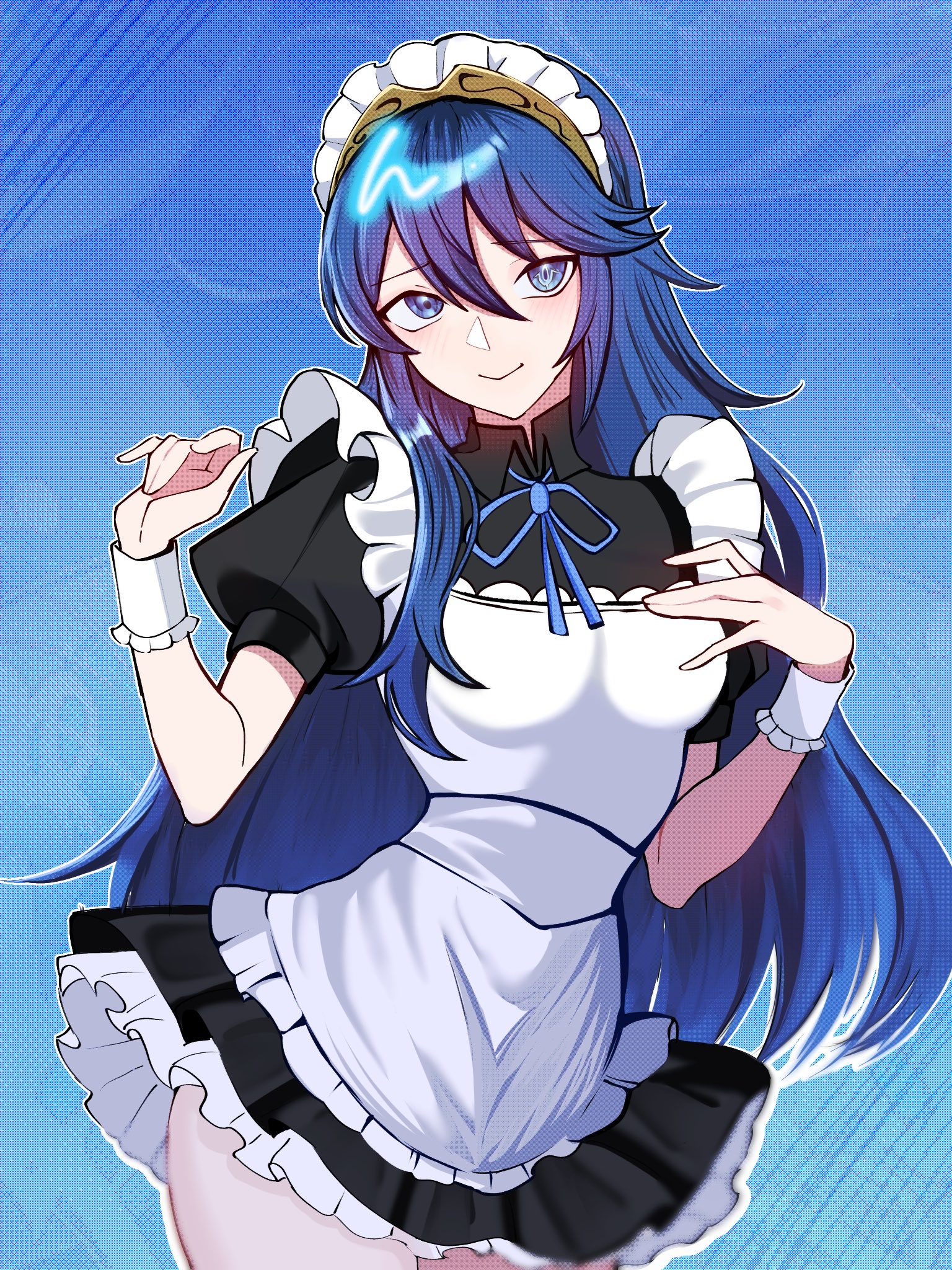 gemzukinomunira, lucina (fire emblem), fire emblem, fire emblem awakening, nintendo, commentary, highres, 1girl, alternate costume, apron, black dress, blue background, blue eyes, blue hair, blush, brand of the exalt, breasts, closed mouth, cowboy shot, dress, hair between eyes, hand on own chest, hands up, long hair, looking at viewer, maid, maid apron, maid headdress, medium breasts, outline, puffy short sleeves, puffy sleeves, short sleeves, smile, solo, symbol in eye, thighs, tiara, very long hair, white outline, wrist cuffs