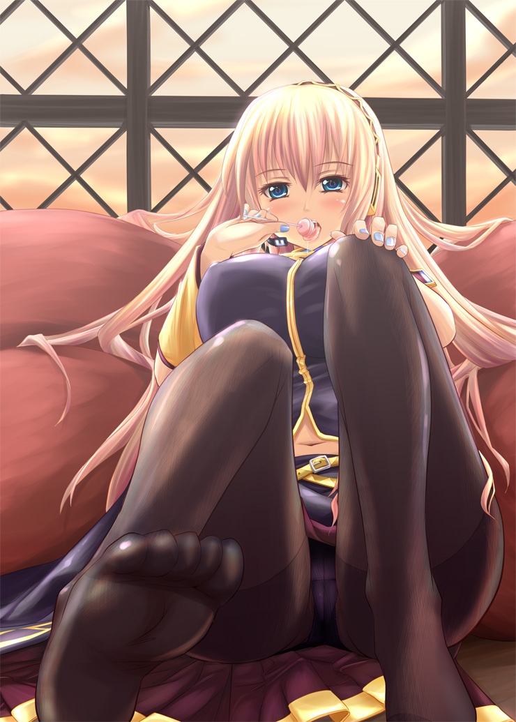 kou (haijindeath), megurine luka, vocaloid, 1girl, belt, blue eyes, blue nails, blush, breasts, candy, crotch seam, feet, female focus, food, foot focus, hairband, large breasts, licking, lollipop, long hair, looking at viewer, nail polish, navel, panties, panties under pantyhose, pantyhose, pink hair, saliva, sitting, solo, underwear