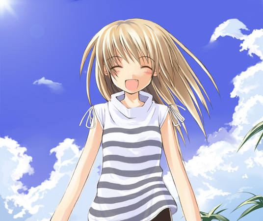 artist request, character request, 1girl, blonde hair, blush, closed eyes, cloud, fang, long hair, open mouth, palm tree, shirt, sky, sleeveless, sleeveless shirt, smile, standing, striped clothes, striped shirt, sun, tree, white shirt
