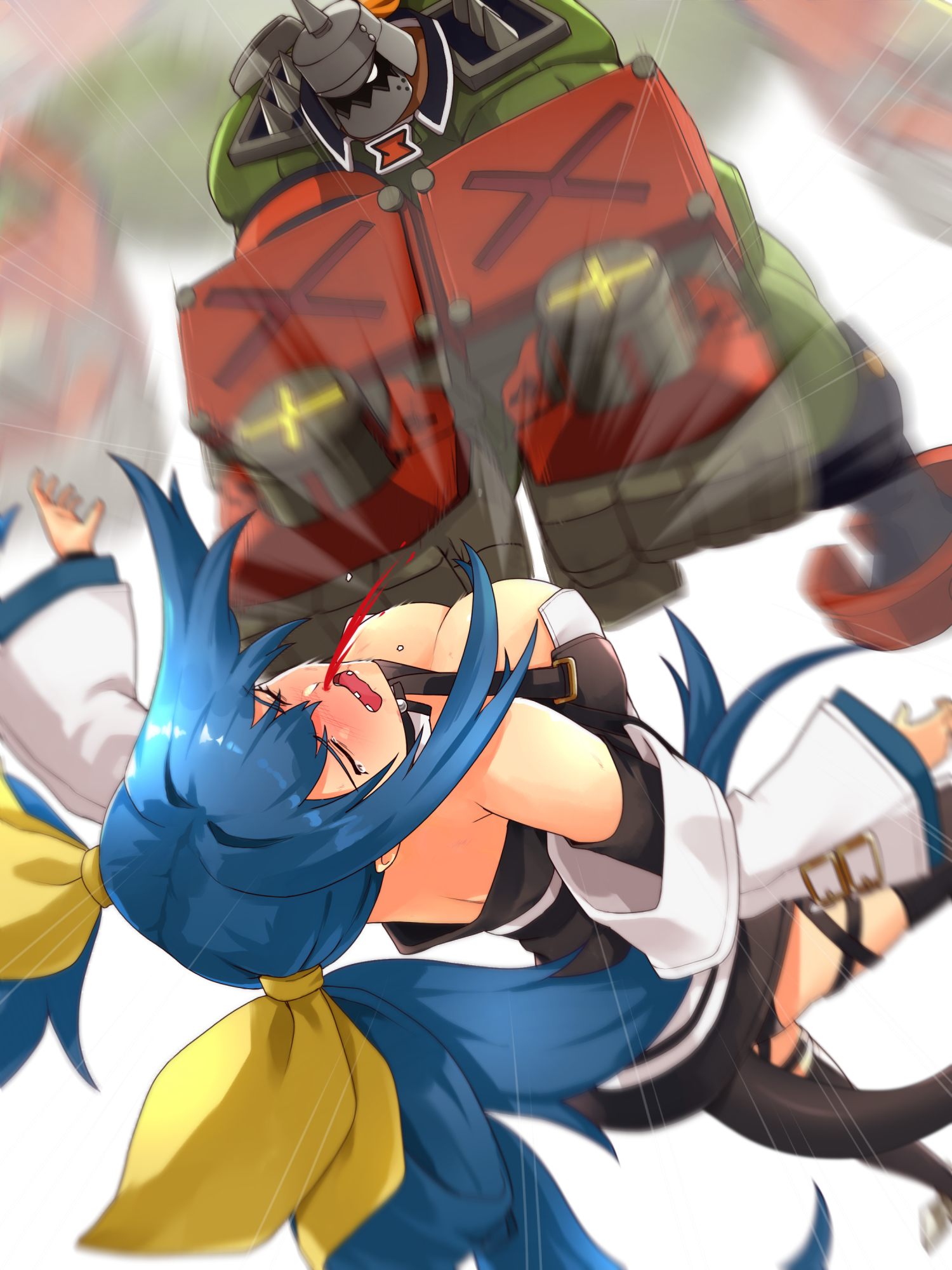 tuzi717, dizzy (guilty gear), potemkin (guilty gear), guilty gear, commission, highres, 1boy, 1girl, battle, black dress, blood, blue hair, breasts, detached sleeves, dress, large breasts, nosebleed, punching, tail, twintails