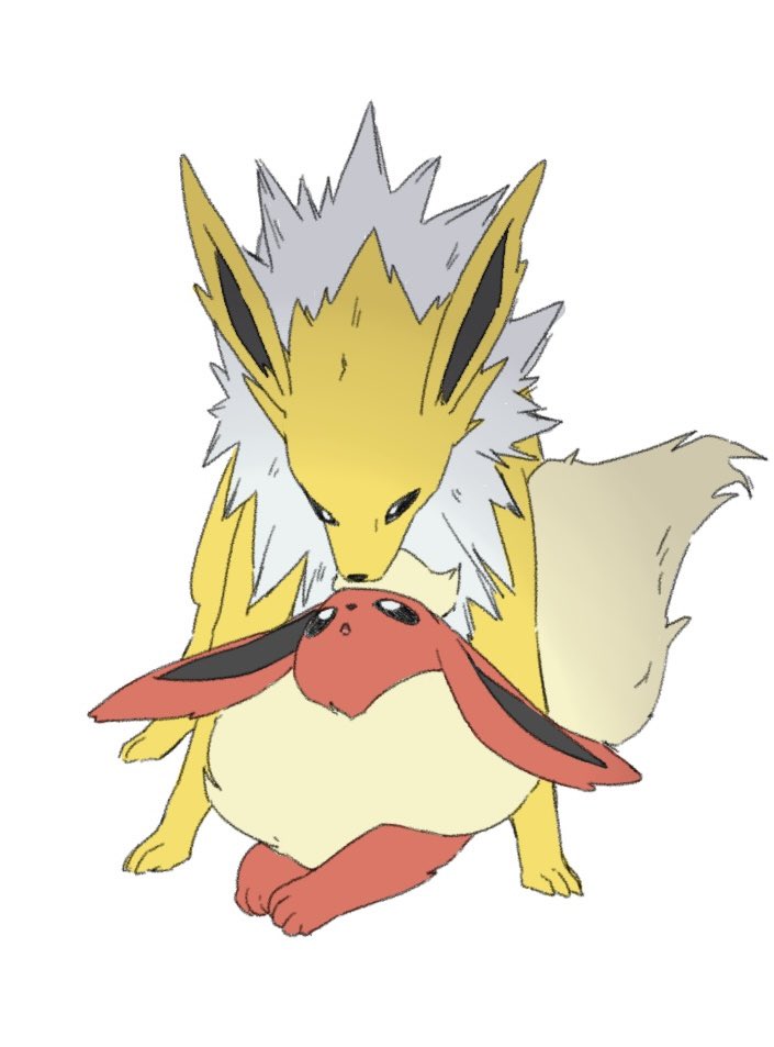 pp 7762, flareon, jolteon, nintendo, pokemon, :o, animal focus, animal hands, black eyes, fluffy, full body, gen 1 pokemon, looking at another, neck fur, no humans, open mouth, pokemon (creature), pokemon focus, red fur, simple background, white background, white fur, yellow fur