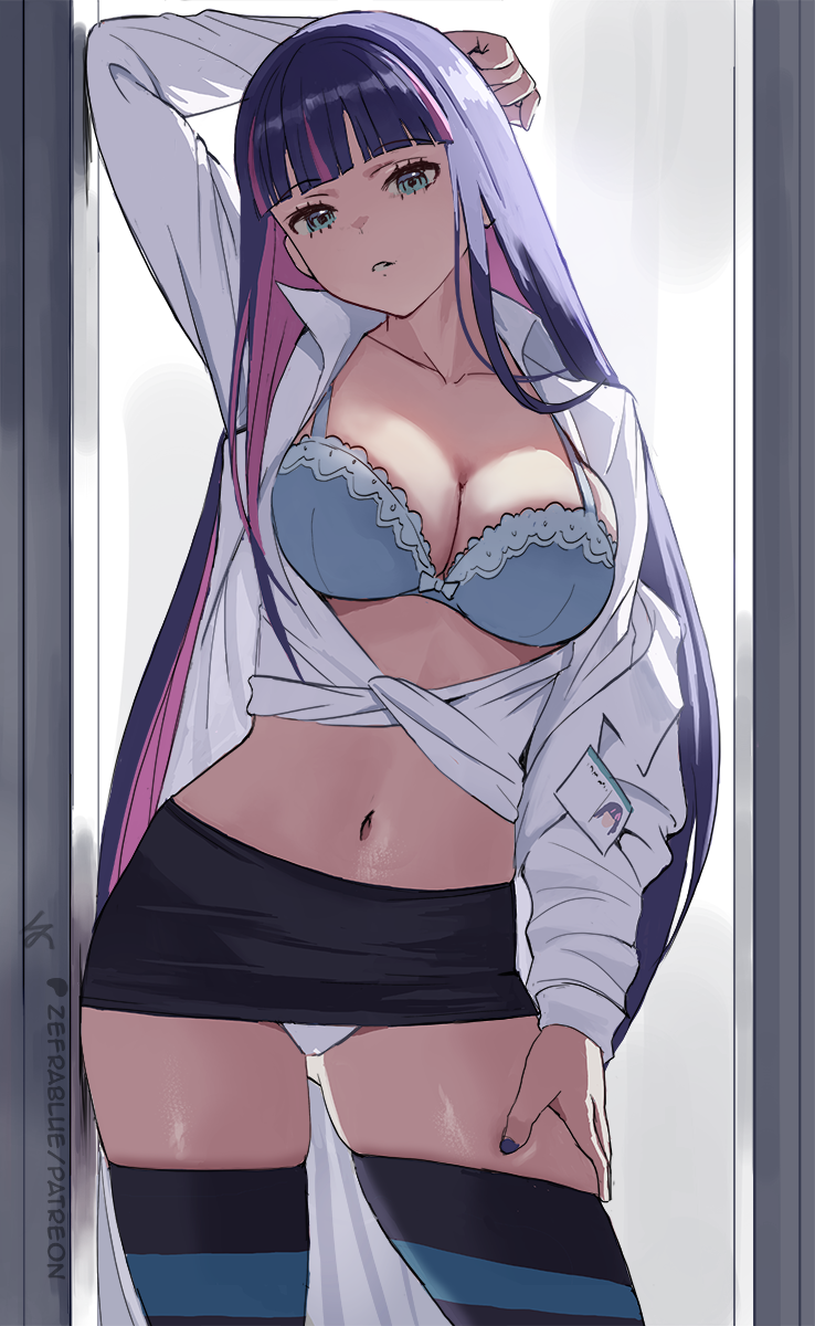 zefrableu, stocking (psg), panty & stocking with garterbelt, highres, 1girl, aqua eyes, arm behind head, arm up, black skirt, blue bra, blunt bangs, bow, bow bra, bra, breasts, cleavage, coat, collarbone, collared coat, doorway, dress shirt, gluteal fold, hand on own thigh, large breasts, long hair, long sleeves, looking at viewer, microskirt, multicolored hair, nail polish, navel, panties, parted lips, patreon logo, patreon username, pink hair, purple hair, shirt, skirt, solo, stomach, striped clothes, striped thighhighs, thighhighs, thighs, two-tone hair, underwear, very long hair, white coat, white panties