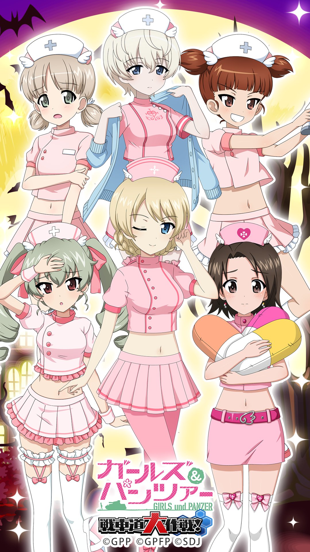 aki (girls und panzer), anchovy (girls und panzer), darjeeling (girls und panzer), mikko (girls und panzer), sawa azusa, youko (girls und panzer), girls und panzer, girls und panzer senshadou daisakusen!, highres, official art, official wallpaper, 6+girls, adjusting hair, bare arms, bat (animal), belt, blonde hair, blue eyes, blue jacket, blush, bow, bow legwear, braid, breasts, brown eyes, brown hair, copyright name, cropped shirt, cross, drill hair, earrings, expressionless, frilled shirt, frilled skirt, frilled thighhighs, frills, full moon, garter straps, gradient background, green eyes, green hair, grin, hair bow, halloween costume, hand on own arm, hand on own forehead, hat, heart, high heels, holding, holding pillow, holding thermometer, house, infrared thermometer, jacket, jewelry, layered skirt, legs, long hair, long sleeves, looking at viewer, low twintails, midriff, miniskirt, moon, multiple girls, navel, nurse, nurse cap, one eye closed, open mouth, orange background, pantyhose, parted lips, pillow, pink belt, pink bow, pink hat, pink pantyhose, pink shirt, pink skirt, pink thighhighs, pleated skirt, puffy short sleeves, puffy sleeves, red eyes, shirt, shoes, short hair, short sleeves, short twintails, skirt, small breasts, smile, socks, sparkle, standing, standing on one leg, strappy heels, swept bangs, thermometer, thigh strap, thighhighs, thighs, tree, twin drills, twintails, white hat, white shoes, white socks, white thighhighs, wrist cuffs