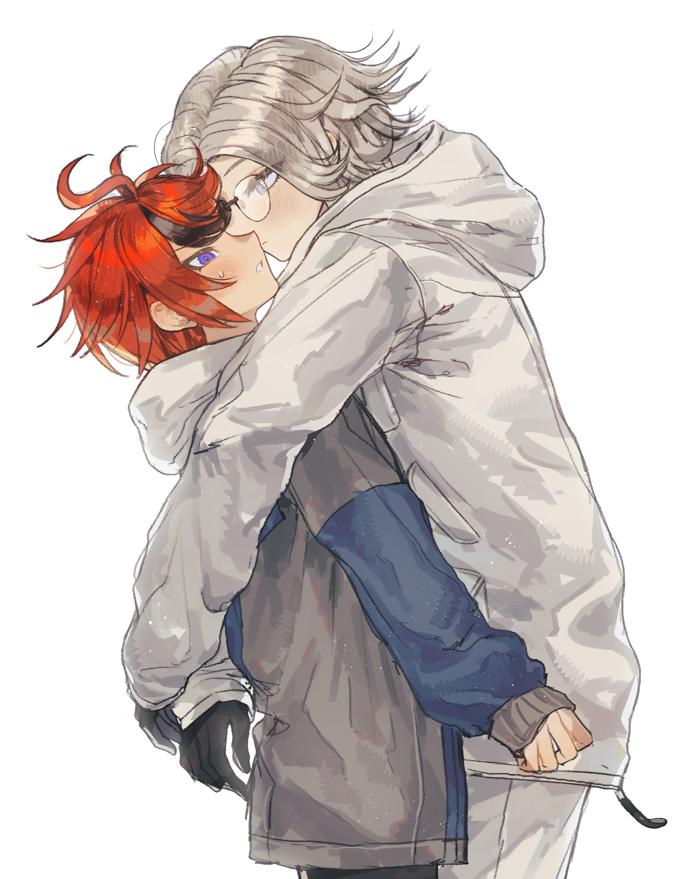 aotsuki eito, sumino takumi, the hundred line -last defense academy-, absurdres, chinese commentary, commentary request, highres, 2boys, ahoge, black gloves, black hair, black pants, blue eyes, blue jacket, blush, closed mouth, from side, glasses, gloves, grey hair, grey jacket, hood, hood down, hug, jacket, long sleeves, male focus, multicolored hair, multicolored jacket, multiple boys, pants, red hair, short hair, simple background, streaked hair, sweat, syuu 1125, two-tone hair, two-tone jacket, white background, white jacket, white pants, yaoi