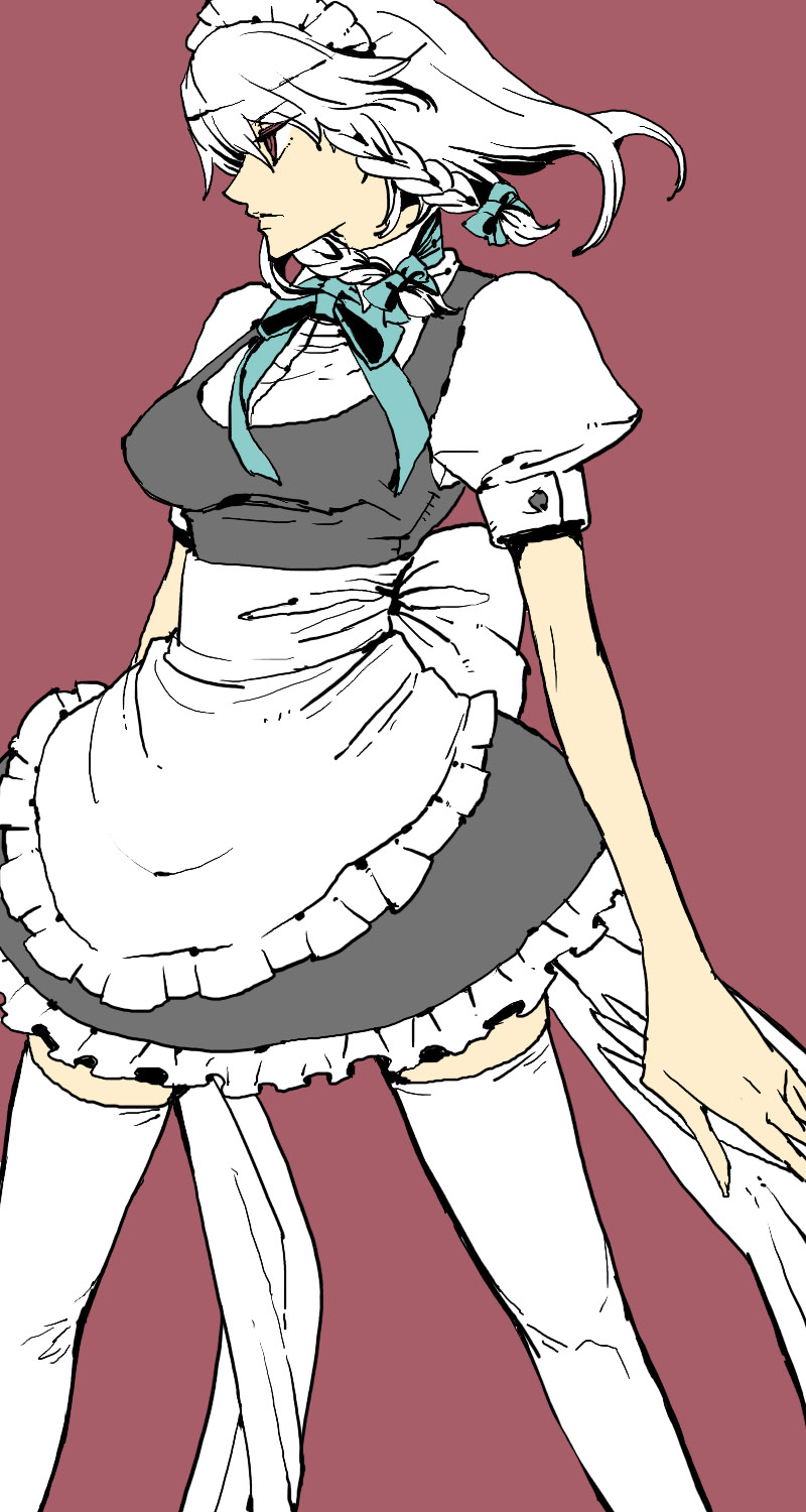 lan. (pixiv), ryuuzaki (ereticent), izayoi sakuya, touhou, silver hair, highres, 1girl, apron, braid, female focus, hairband, maid, maid apron, ribbon, short hair, solo, thighhighs, twin braids