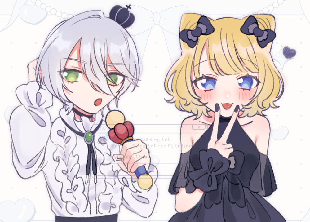 minami mirei, shikyoin hibiki, pretty series, pripara, 2girls, arm behind head, black bow, black dress, blonde hair, blue eyes, bow, crown, dress, green eyes, hair bow, holding, holding microphone, looking at viewer, microphone, mini crown, multiple girls, multiple hair bows, nikomi tsumo, tongue, tongue out, upper body, v