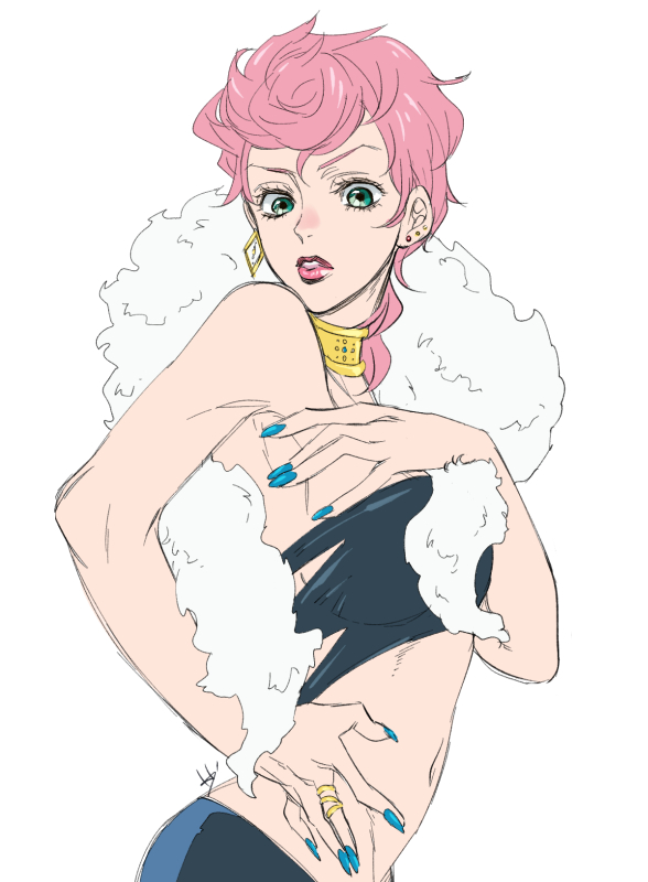 byon, trish una, jojo no kimyou na bouken, vento aureo, 1girl, choker, earrings, feather boa, fingernails, green eyes, hand on own chest, hand on own hip, jewelry, long fingernails, looking at viewer, medium hair, mismatched earrings, multiple earrings, nail polish, navel, parted lips, pink hair, ring, shirt, solo, strapless, strapless shirt