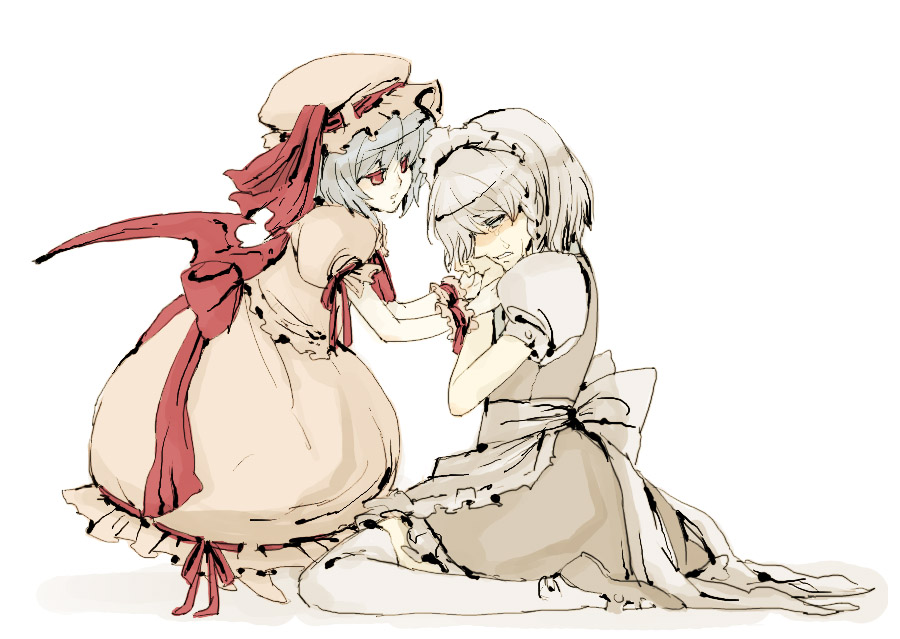 lan. (pixiv), ryuuzaki (ereticent), izayoi sakuya, remilia scarlet, touhou, 2girls, blush, female focus, hairband, hat, multiple girls, red eyes, ribbon, tears