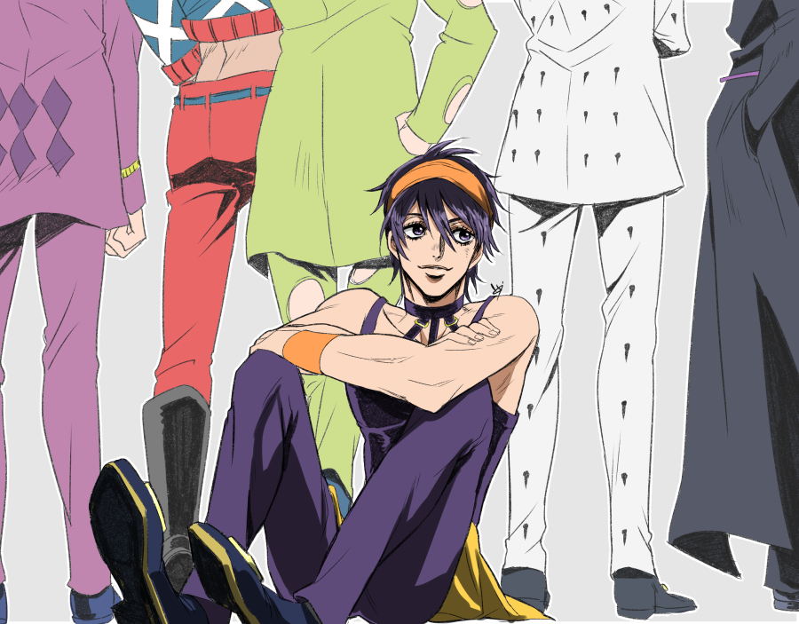 byon, bruno bucciarati, giorno giovanna, guido mista, leone abbacchio, narancia ghirga, pannacotta fugo, jojo no kimyou na bouken, vento aureo, commentary request, 6+boys, belt, black hair, clothing cutout, coat, crop top, crossed arms, hand in pocket, hand on own hip, headband, knees up, long sleeves, looking to the side, male focus, midriff, multiple boys, on floor, purple eyes, short hair, sitting, smile, tank top, wristband