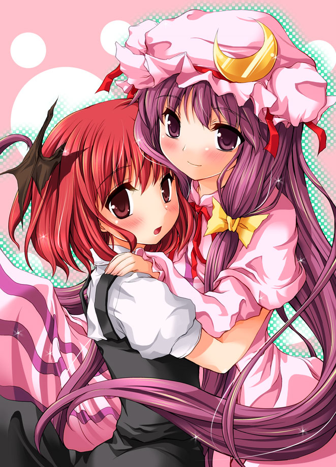 tilm, koakuma, patchouli knowledge, embodiment of scarlet devil, touhou, 2girls, alternate hairstyle, bat wings, cover, cover page, crescent hat ornament, female focus, hat, hat ornament, head wings, long hair, multiple girls, purple eyes, purple hair, red eyes, red hair, ribbon, short hair, wings