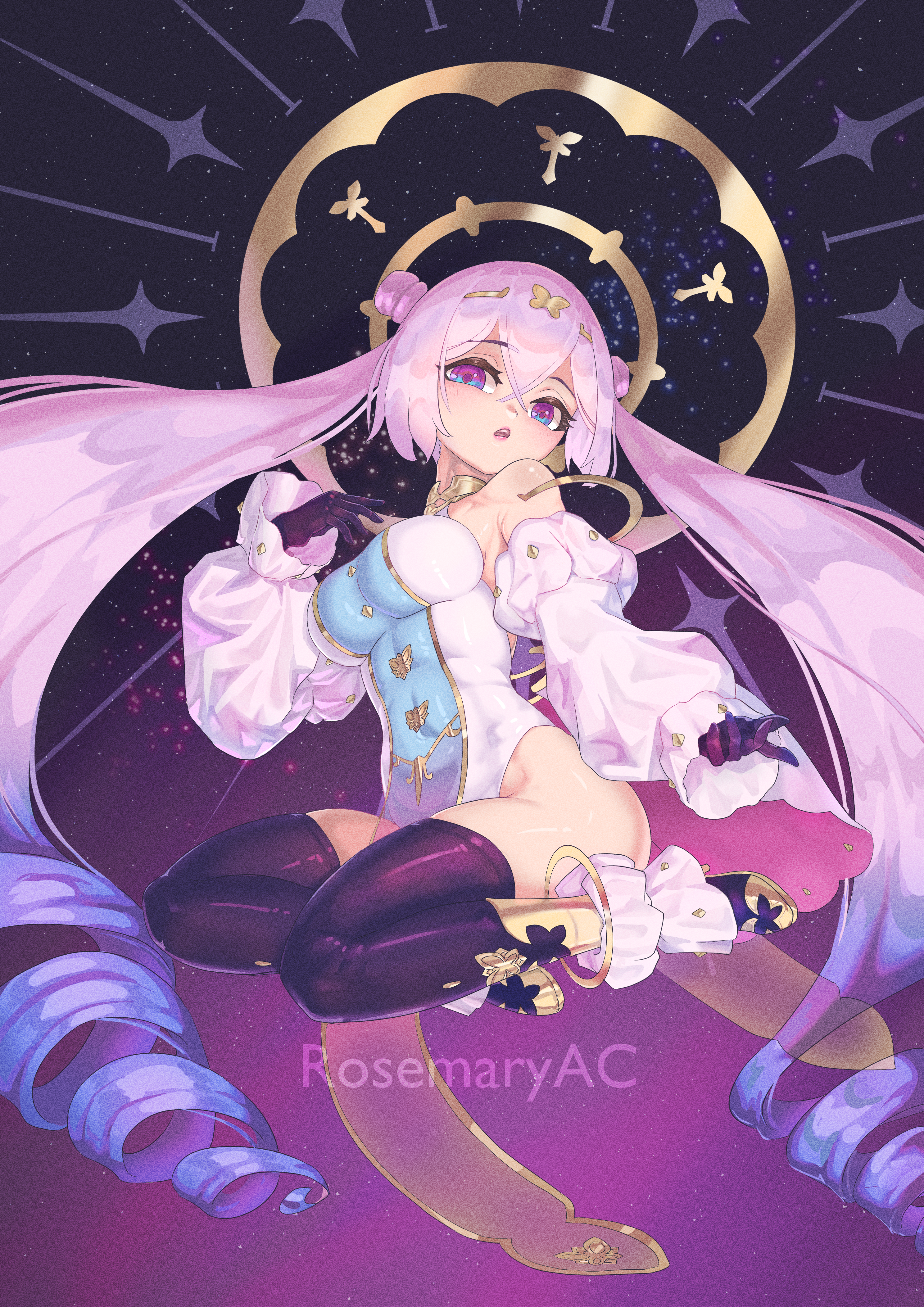 rosemary ac, elvira (atelier series), atelier (series), atelier sophie, atelier sophie 2, absurdres, commentary, english commentary, highres, 1girl, absurdly long hair, artist name, black thighhighs, breasts, colored tips, crossed bangs, double-parted bangs, eyelashes, full body, large breasts, leotard, long hair, multicolored hair, open mouth, pink eyes, pink hair, purple hair, sitting, solo, thighhighs, twintails, twitter username, two-tone hair, very long hair, white leotard