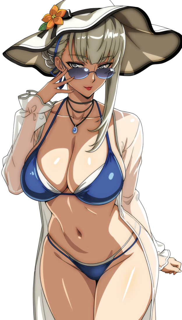 jamjamstyle, merope (p5x), persona, persona 5, persona 5: the phantom x, 1girl, bikini, blue bikini, breasts, cleavage, grey eyes, grey hair, hat, jacket, jewelry, large breasts, layered bikini, long hair, looking at viewer, navel, open clothes, open jacket, pendant, see-through clothes, see-through jacket, smile, solo, sunglasses, swimsuit, white background, white bikini