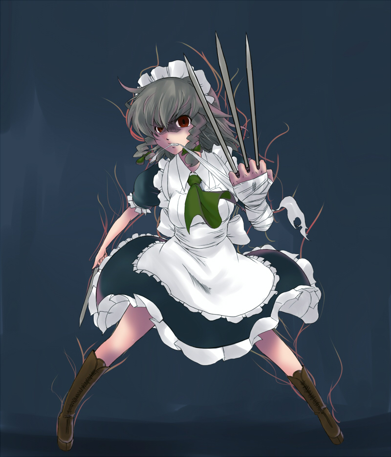 ooike teru, izayoi sakuya, touhou, silver hair, 1girl, angry, arm wrap, aura, boots, female focus, hairband, knife, maid, red eyes, ribbon, short hair, solo, throwing knife, weapon