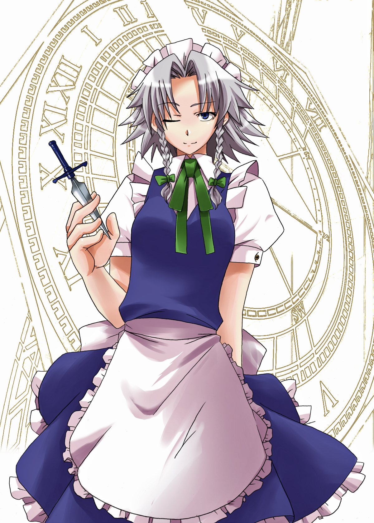 ooike teru, izayoi sakuya, touhou, silver hair, highres, 1girl, apron, blue eyes, braid, clock, female focus, hairband, knife, maid, maid apron, ribbon, short hair, solo, throwing knife, twin braids, weapon, white background, wink
