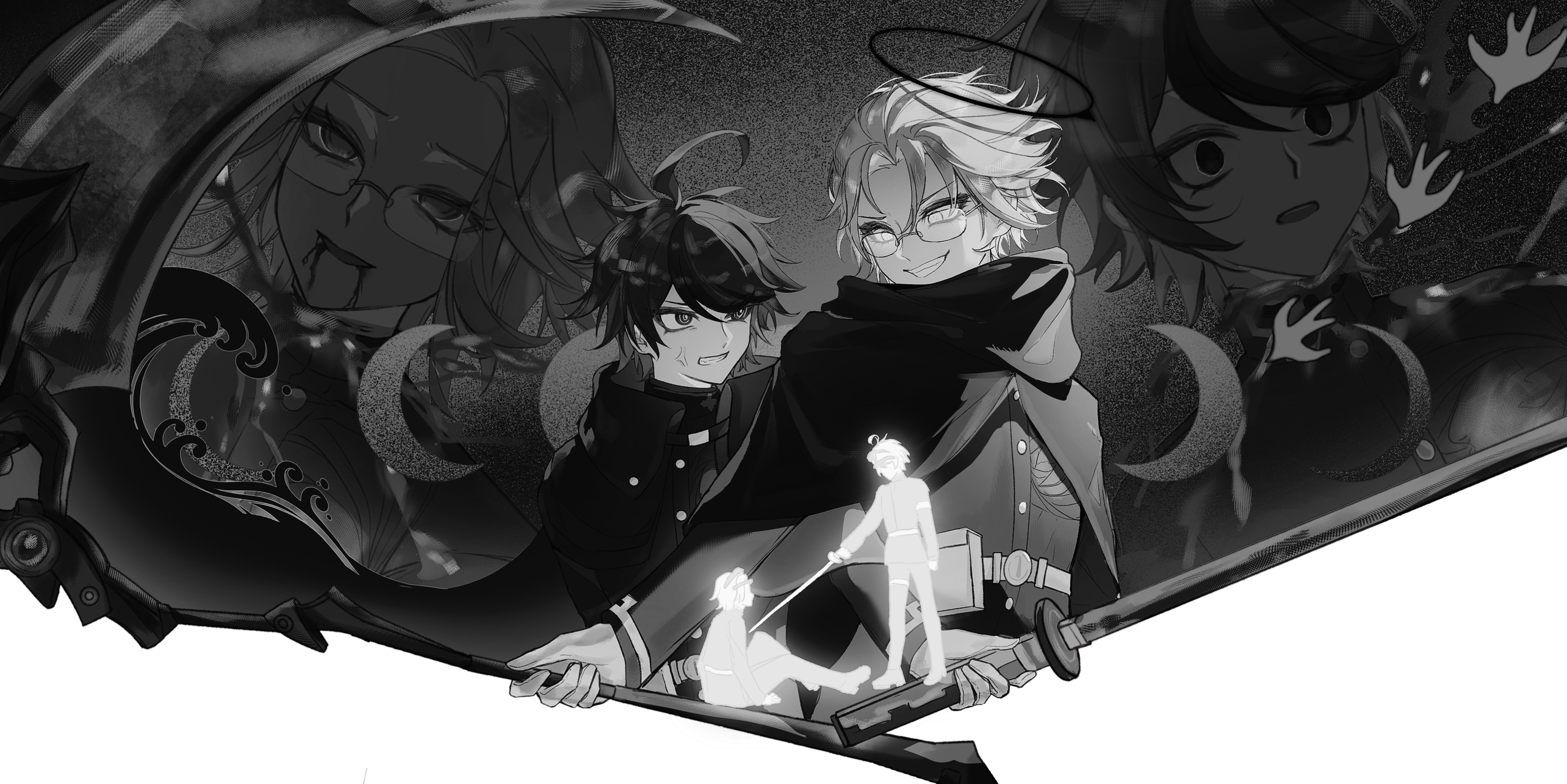 aotsuki eito, sumino takumi, the hundred line -last defense academy-, absurdres, chinese commentary, commentary request, highres, spoilers, 2boys, anger vein, belt, belt pouch, blood, blood from mouth, buttons, cape, clenched teeth, glasses, greyscale, grin, halo, holding, holding scythe, holding sword, holding weapon, last defense academy school uniform, male focus, monochrome, moon phases, multicolored hair, multiple boys, multiple views, pants, pouch, school uniform, scythe, short hair, sitting, smile, standing, streaked hair, sword, teeth, thigh strap, tiaojinhailiduoyu609, two-tone hair, waves, weapon