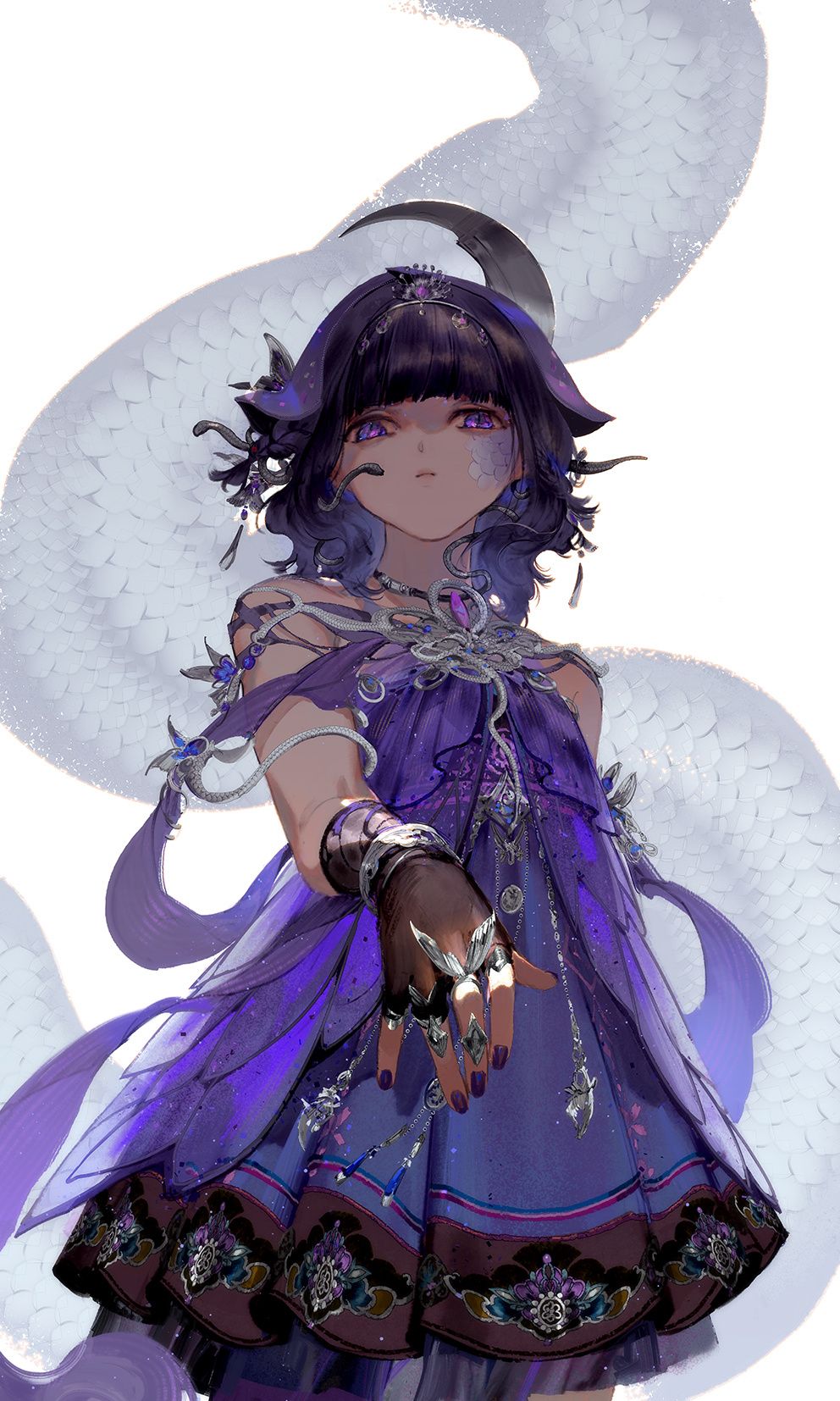 ibuki satsuki, jianxia qingyuan (series), jianxia qingyuan online 3, commentary request, highres, 1girl, arched bangs, black gloves, black hair, chinese clothes, closed mouth, cowboy shot, dress, du luo (jianxia qingyuan), fingerless gloves, gloves, hair ornament, jewelry, looking at viewer, miao clothes, multiple rings, purple dress, purple eyes, ring, scales, solo