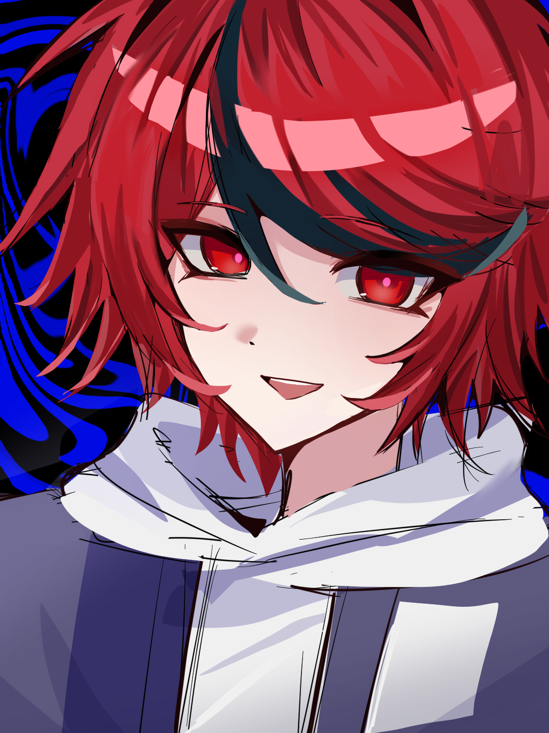sumino takumi, the hundred line -last defense academy-, chinese commentary, commentary request, highres, spoilers, 1boy, abstract background, black hair, blue jacket, grey jacket, hair between eyes, hood, hood down, hoodie, jacket, jacket over hoodie, male focus, multicolored hair, multicolored jacket, official alternate eye color, open clothes, open jacket, open mouth, pink pupils, portrait, red eyes, red hair, short hair, sketch, smile, solo, streaked hair, two-tone hair, two-tone jacket, upper body, wavy background, white hoodie, xin2734777