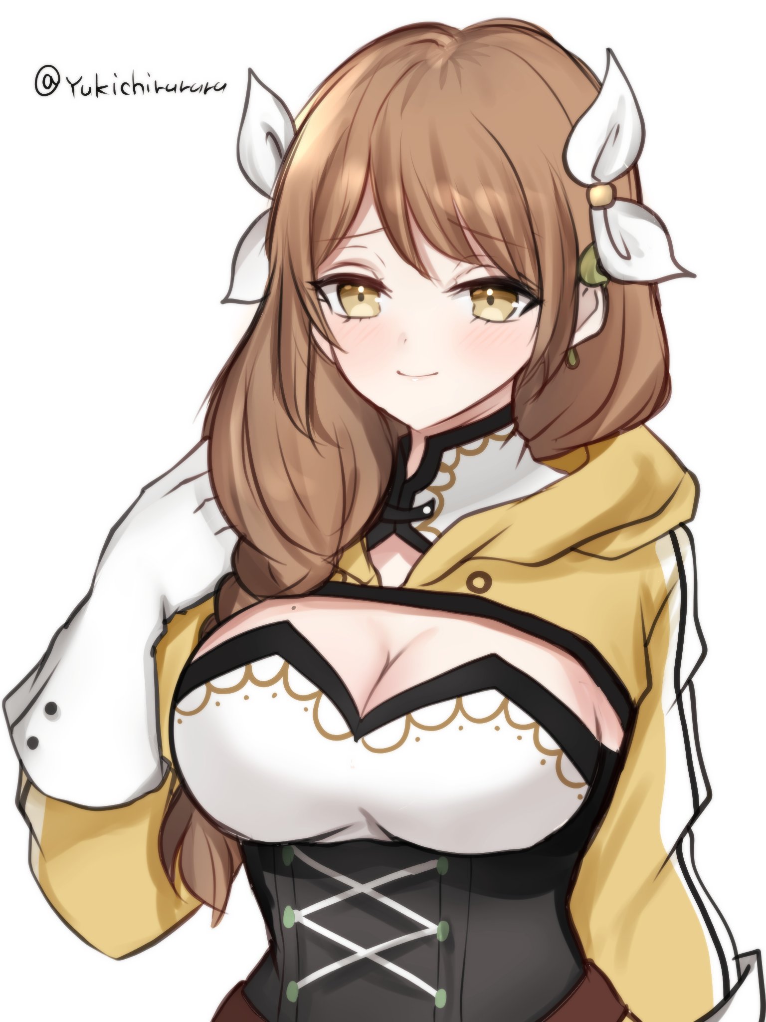 yukichi (yukichi rururu), goldmary (fire emblem), fire emblem, fire emblem engage, nintendo, highres, 1girl, black corset, breasts, brown eyes, brown hair, cleavage, closed mouth, corset, gloves, hand up, large breasts, long sleeves, looking at viewer, mole, mole on breast, smile, solo, twitter username, upper body, white background, white gloves