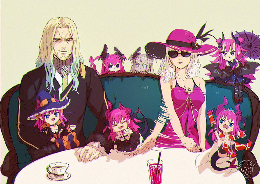 iduhara jugo, carmilla (fate), carmilla (swimsuit rider) (first ascension) (fate), elizabeth bathory (brave) (fate), elizabeth bathory (fate), elizabeth bathory (halloween caster) (fate), elizabeth bathory (japan) (fate), elizabeth bathory (second ascension) (fate), mecha eli-chan (fate), mecha eli-chan mk.ii (fate), fate/grand order, fate (series), character request, commentary, symbol-only commentary, 1boy, 6+girls, armor, bare shoulders, bikini armor, chibi, closed mouth, dress, hat, horns, long hair, medium hair, multiple girls, multiple persona, open mouth, pink hair, red dress, red hat, smile, sunglasses, white hair, witch hat