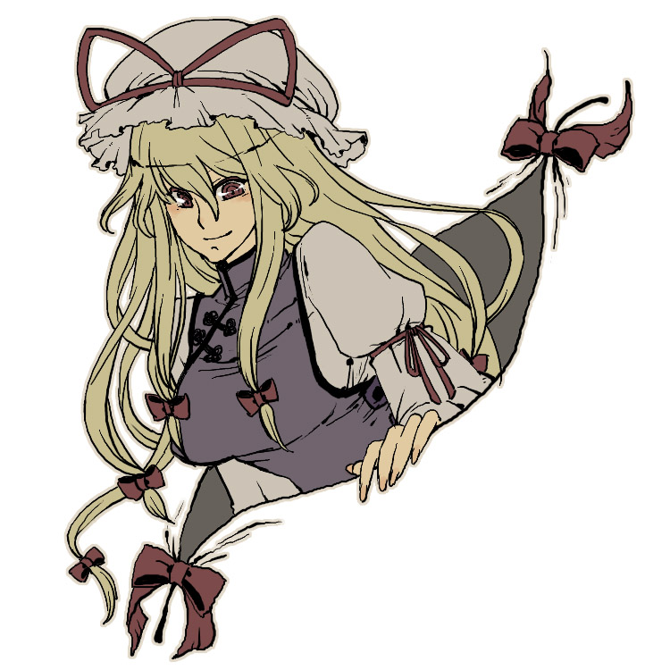 lan. (pixiv), ryuuzaki (ereticent), yakumo yukari, touhou, 1girl, blonde hair, female focus, hat, long hair, red eyes, ribbon, solo