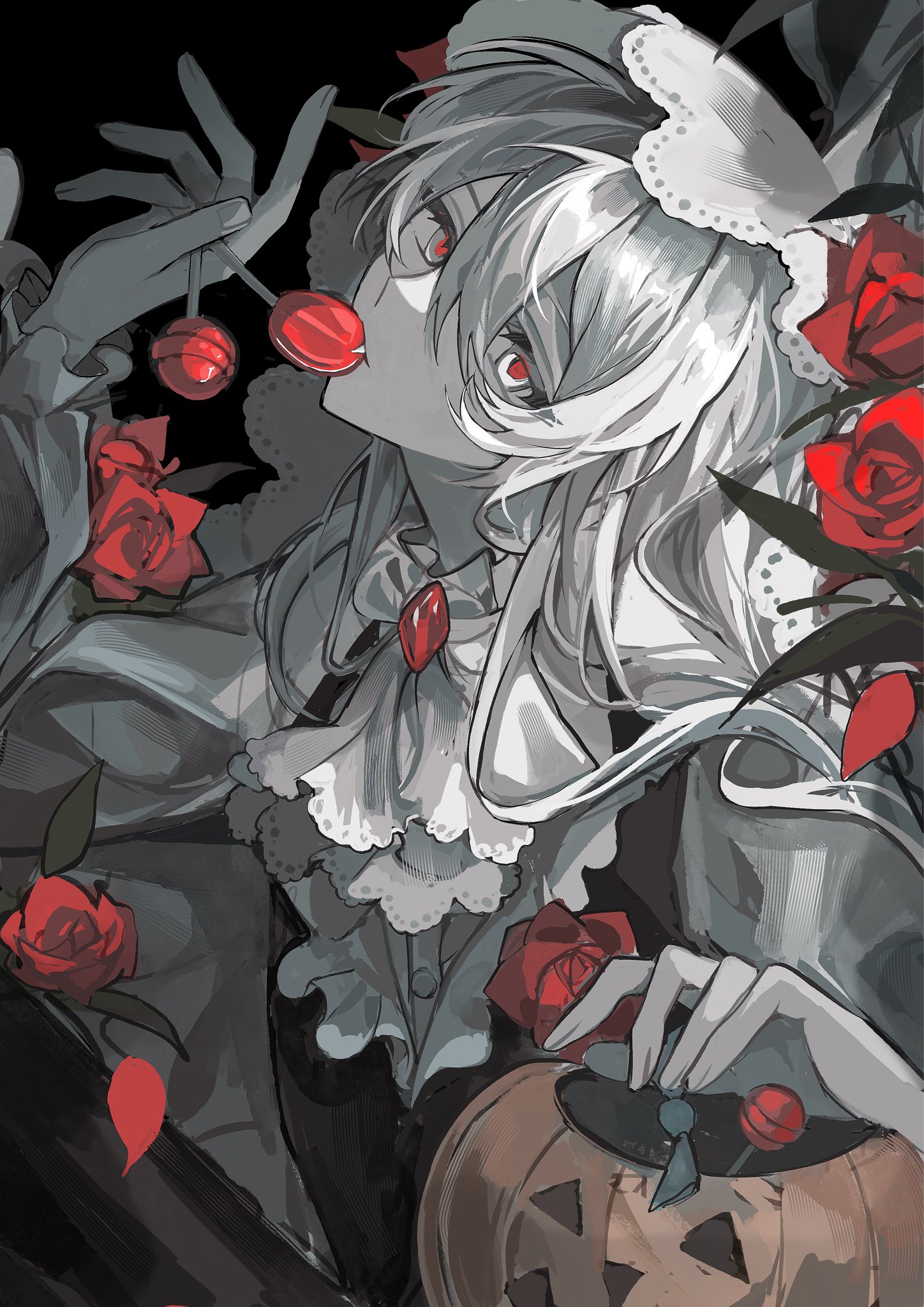 nidu (2du du), original, commentary request, highres, 1girl, ascot, black background, black vest, brooch, candy, collared shirt, eating, fang, flower, food, frilled shirt, frills, hair between eyes, halloween bucket, hands up, head tilt, holding, holding candy, holding food, holding lollipop, jewelry, lollipop, long hair, long sleeves, looking at viewer, pale skin, red flower, red pupils, red rose, rose, shirt, solo, upper body, vampire, veil, vest, white ascot, white eyes, white hair, white shirt, white veil