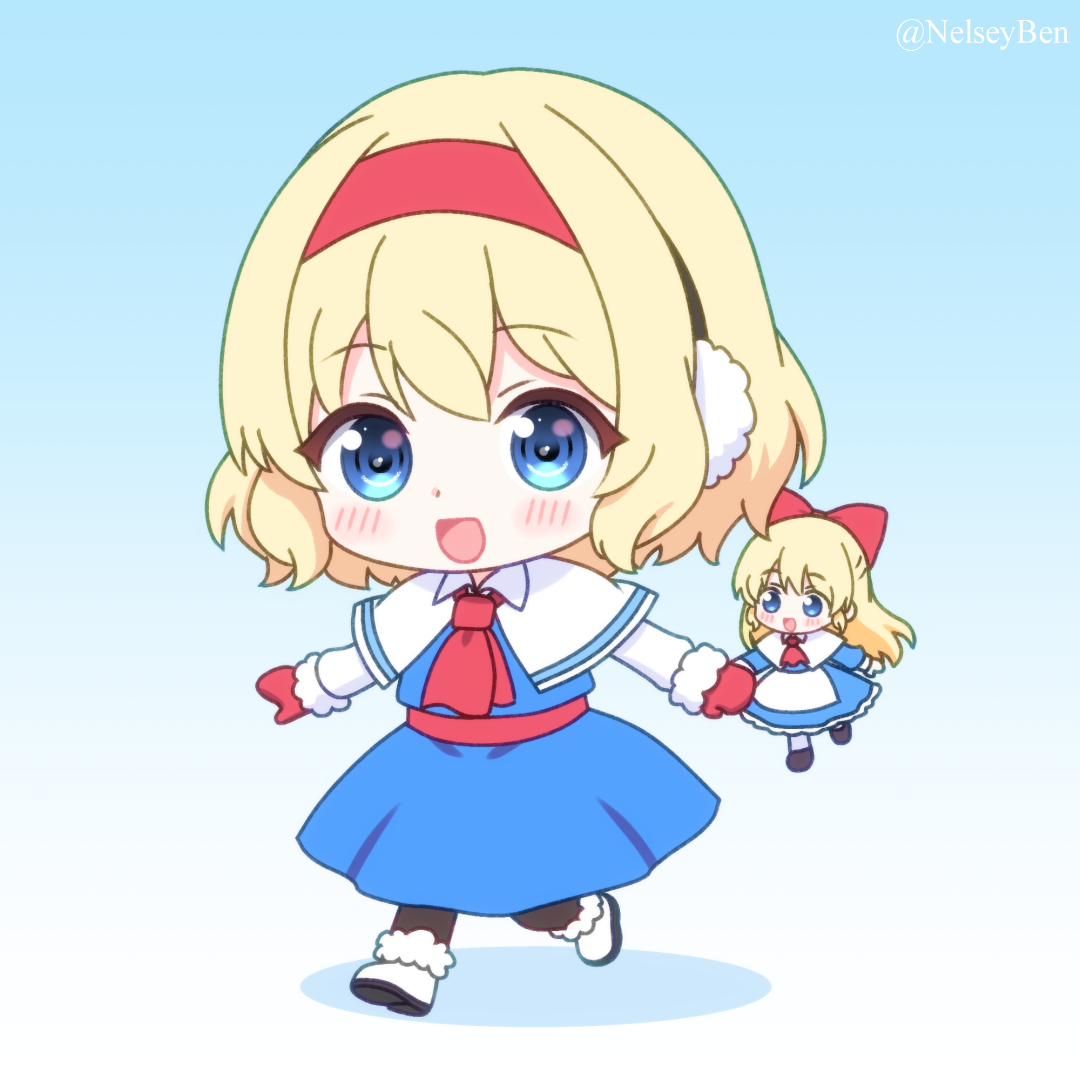 bnelsey, alice margatroid, shanghai doll, touhou, commentary, english commentary, paid reward available, 2girls, ascot, blonde hair, blue background, blue dress, blue eyes, blush, boots, bow, capelet, chibi, chibi only, dress, earmuffs, gradient background, hair bow, hairband, long hair, long sleeves, mittens, multiple girls, open mouth, red ascot, red bow, red hairband, red mittens, smile, twitter username, very long hair, white boots, white capelet, winter clothes