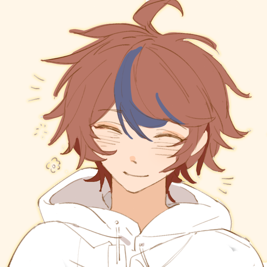 tangruo haiyou fanxing, sumino takumi, the hundred line -last defense academy-, chinese commentary, commentary request, 1boy, ^ ^, ahoge, blue eyes, closed eyes, closed mouth, drawstring, facing viewer, happy aura, hood, hood down, hoodie, jacket, jacket over hoodie, male focus, multicolored hair, partially colored, red hair, short hair, simple background, smile, solo, streaked hair, two-tone hair, yellow background