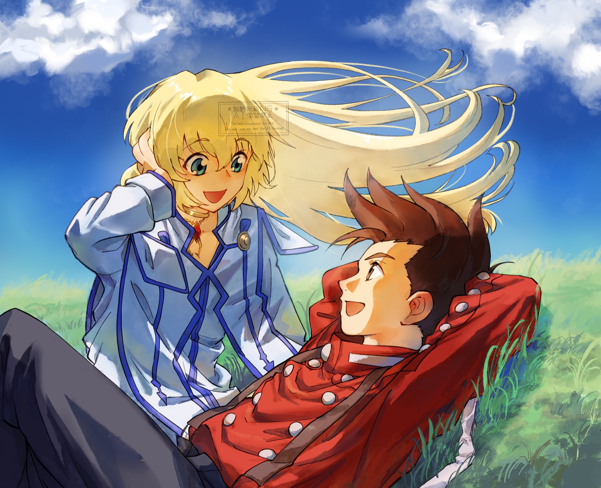 colette brunel, lloyd irving, tales of (series), tales of symphonia, commentary request, highres, 1boy, 1girl, blonde hair, blue eyes, blue sky, blue trim, brown hair, cloud, floating hair, hair between eyes, looking at another, lying, on back, open mouth, outdoors, sitting, sky, smile, watermark, yoweh5
