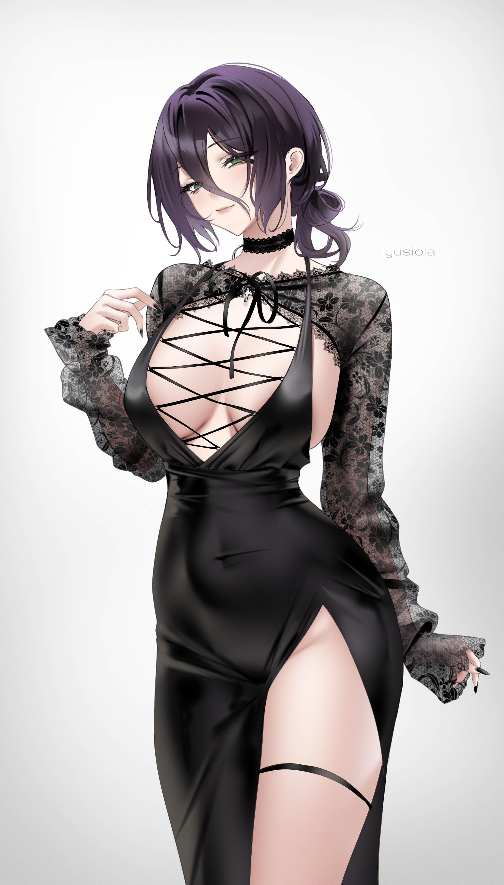 lyusiola, reze (chainsaw man), chainsaw man, absurdres, commentary, highres, 1girl, black choker, black dress, black nails, black shrug, breasts, choker, cleavage, closed mouth, covered navel, cross-laced clothes, cross-laced dress, dress, gradient background, green eyes, grenade pin, grey background, hair between eyes, hair rings, hand up, lace-trimmed choker, lace shrug, lace trim, large breasts, light smile, long hair between eyes, looking at viewer, nail polish, purple hair, see-through shrug, short hair, shrug (clothing), side slit, simple background, single hair ring, sleeves past wrists, solo, thigh strap