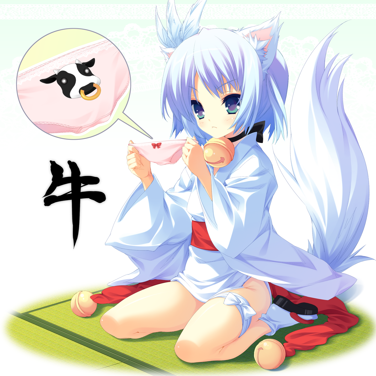show (rinnetenshow), rindou ruri, tenshinranman, highres, 1girl, :<, animal ears, aqua eyes, bell, blue hair, blush, bow, bow panties, choker, collar, cow, feather hair ornament, feathers, female focus, hair ornament, holding, holding panties, holding underwear, holding unworn clothes, japanese clothes, neck bell, no panties, panties, pink panties, print panties, ribbon choker, short hair, sitting, solo, tail, tatami, thigh strap, underwear, wariza