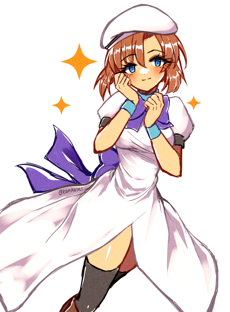 kamaniki, ryuuguu rena, higurashi no naku koro ni, commentary, 1girl, artist name, black thighhighs, blue eyes, blush, closed mouth, dress, eyelashes, hair between eyes, hat, orange hair, parted bangs, puffy short sleeves, puffy sleeves, short sleeves, simple background, solo, sparkle, thighhighs, twitter username, white background, white dress, white hat