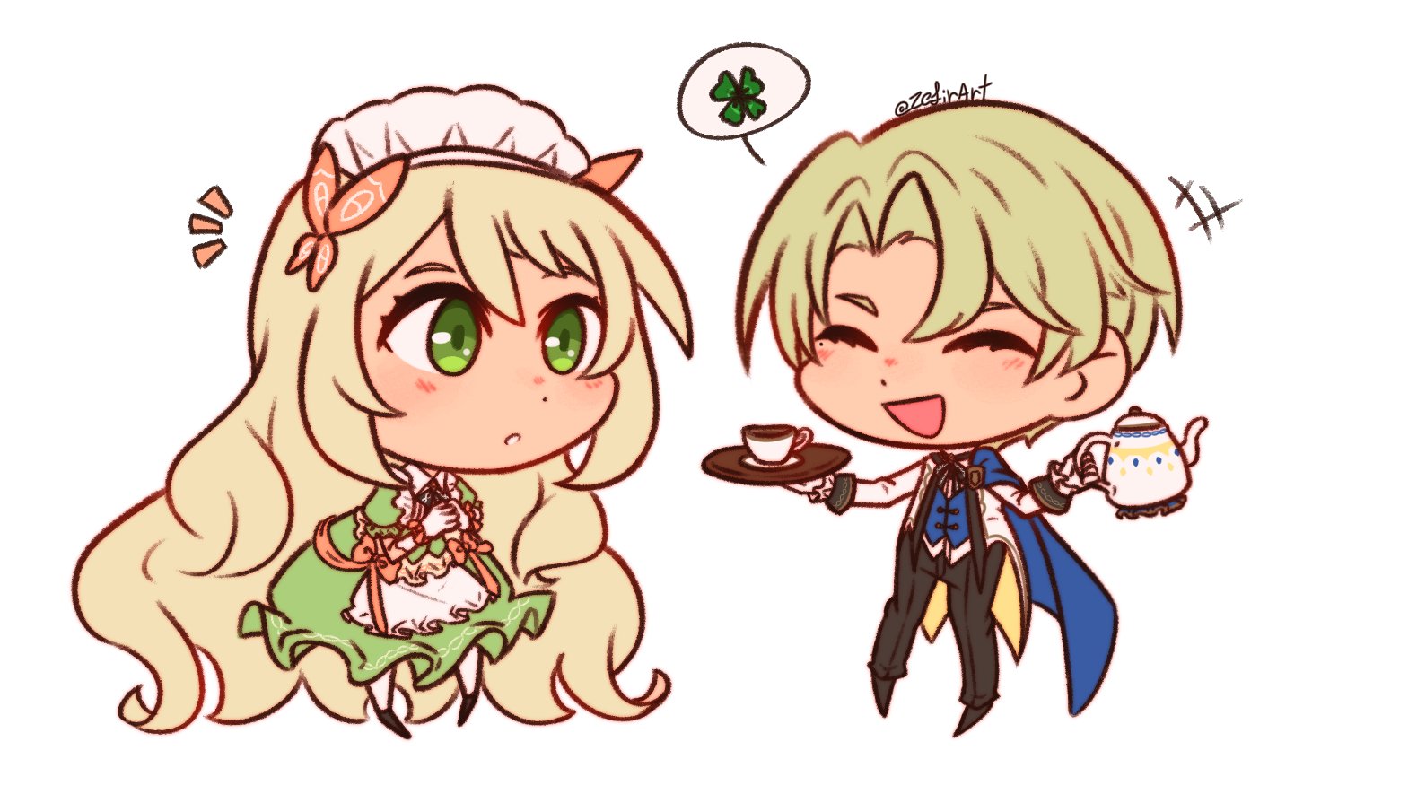 zefirart, alfred (fire emblem), celine (blissful tea party) (fire emblem), celine (fire emblem), fire emblem, fire emblem engage, fire emblem heroes, nintendo, commentary, english commentary, 1boy, 1girl, alternate costume, apron, black pants, blonde hair, blue cape, brother and sister, butterfly hair ornament, cape, chibi, chibi only, clover, cup, dress, four-leaf clover, gloves, green dress, green eyes, hair ornament, holding, holding teapot, holding tray, long hair, long sleeves, looking at another, maid, maid apron, maid headdress, official alternate costume, own hands together, pants, shirt, short hair, siblings, spoken object, teacup, teapot, tray, twitter username, very long hair, white background, white gloves, white shirt