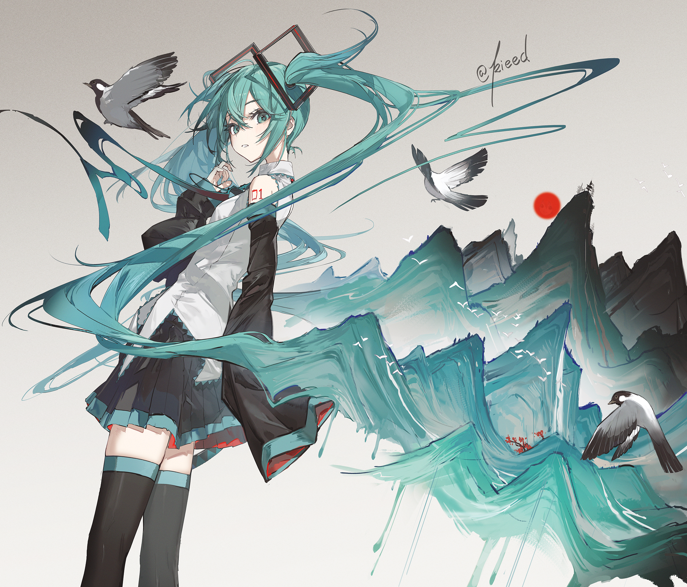 kieed, hatsune miku, kasane teto, utau, vocaloid, highres, revision, 1girl, absurdly long hair, aqua eyes, aqua hair, aqua nails, aqua necktie, bare shoulders, bird, black boots, black skirt, black sleeves, boots, collared shirt, detached sleeves, feet out of frame, from side, grey shirt, hair between eyes, long hair, long sleeves, looking at viewer, miniskirt, mountain, nail polish, necktie, number tattoo, parted lips, pleated skirt, red sun, shirt, shoulder tattoo, skirt, sleeveless, sleeveless shirt, sleeves past fingers, sleeves past wrists, solo, sun, tattoo, thigh boots, twintails, twitter username, very long hair, white bird, zhongguo hua