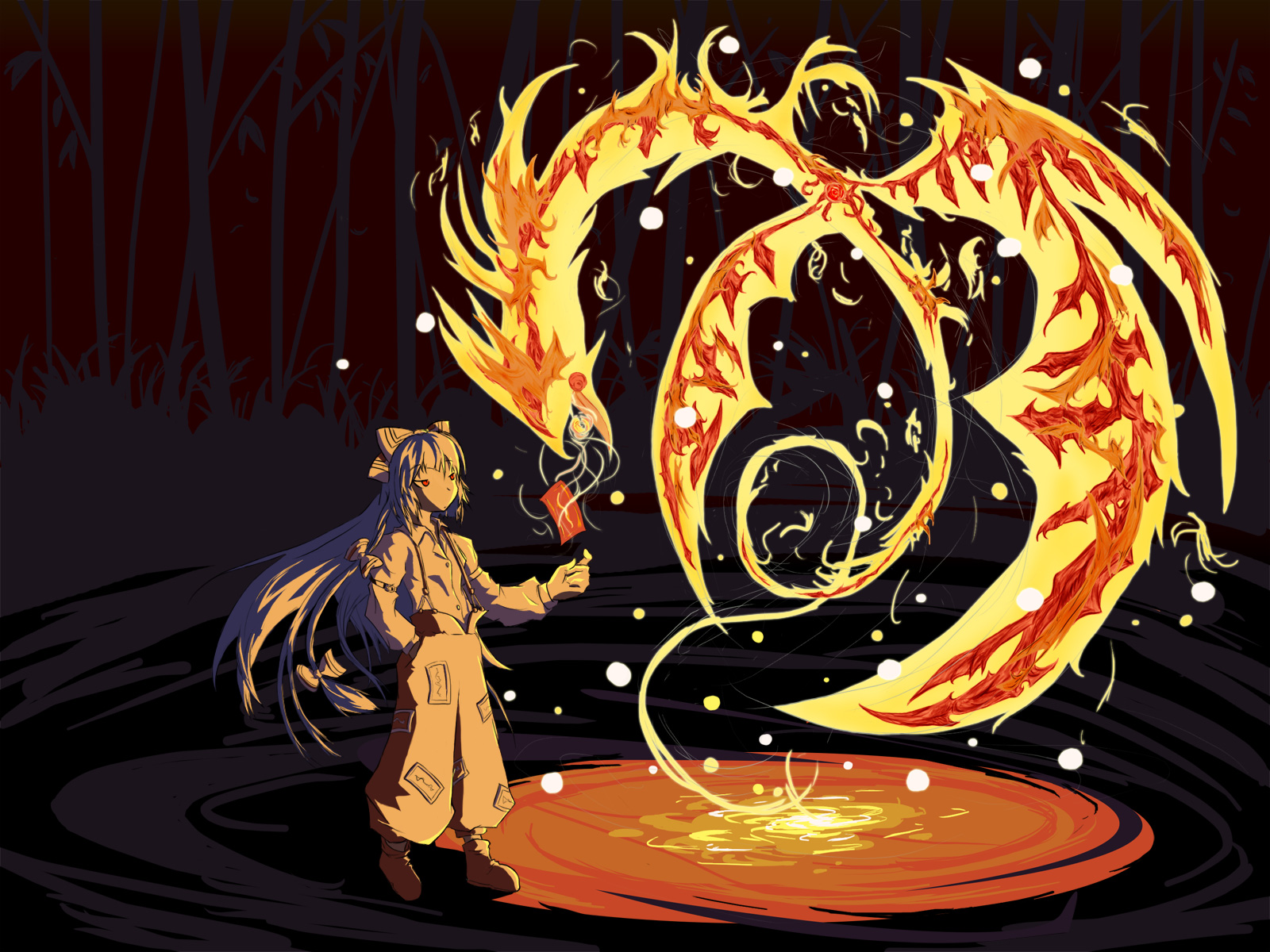 dmt (auburn), fujiwara no mokou, touhou, bad id, bad pixiv id, highres, 1girl, bird, female focus, fire, full body, long hair, pants, phoenix, solo, very long hair