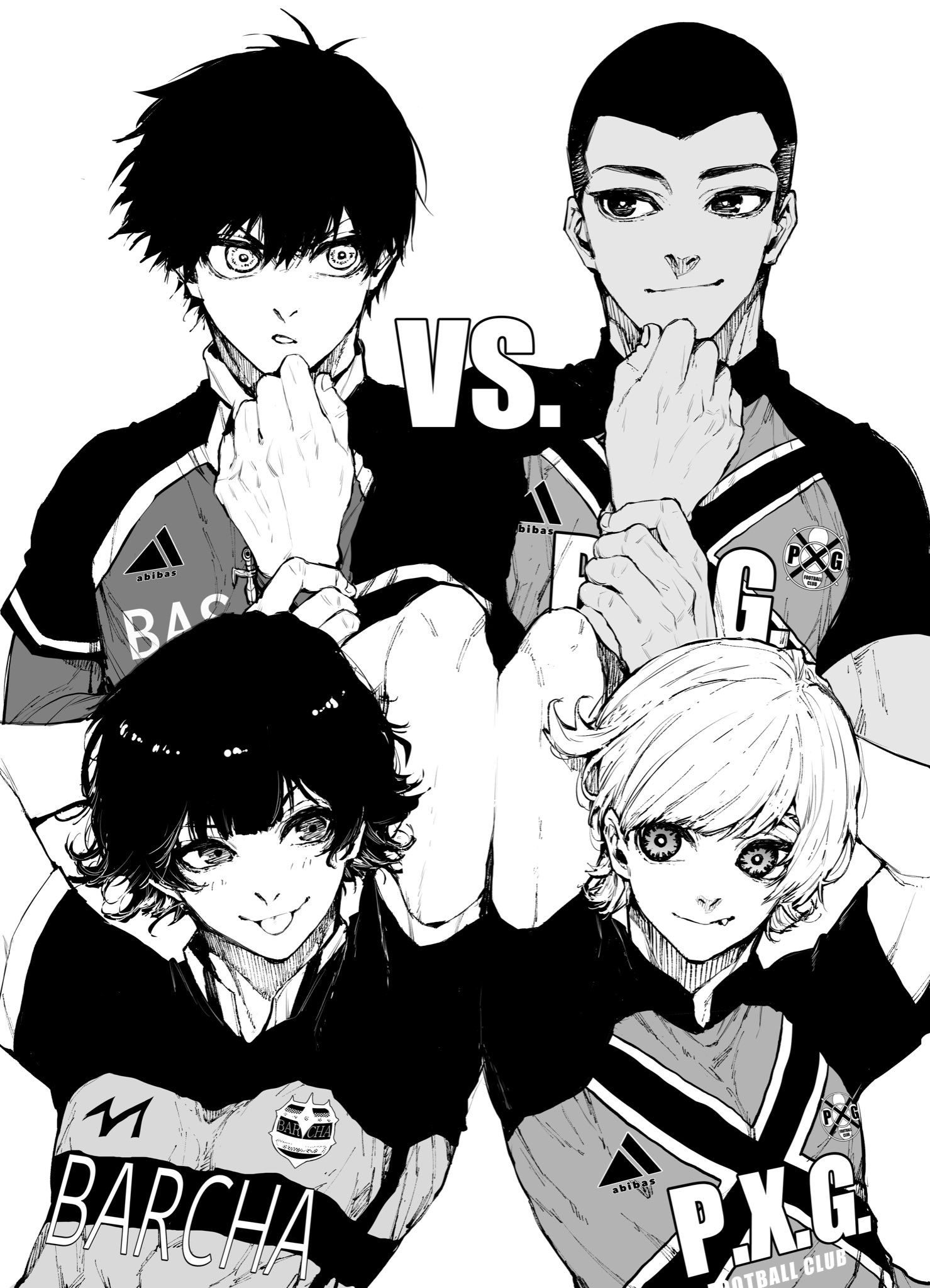 dahlio, bachira meguru, charles chevalier, isagi yoichi, julian loki, blue lock, commentary, highres, symbol-only commentary, 4boys, arms behind head, arms up, bastard munchen soccer uniform, closed mouth, fang, fc barcha soccer uniform, greyscale, looking at another, male focus, monochrome, multicolored hair, multiple boys, paris x gen soccer uniform, shaved head, short hair, side-by-side, simple background, soccer uniform, sportswear, tongue, tongue out, two-tone hair, vs, white background