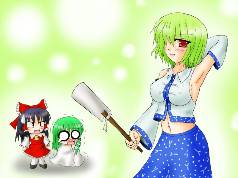 yani tama, hakurei reimu, kazami yuuka, kochiya sanae, touhou, 3girls, breasts, cosplay, female focus, gradient background, kochiya sanae (cosplay), multiple girls, navel, skirt, white background