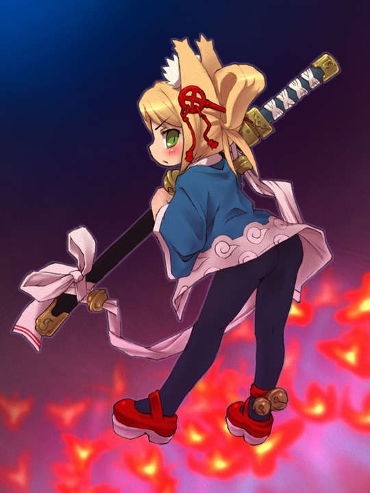 sankuma, namuna (7th dragon), samurai (7th dragon), 7th dragon, 7th dragon (series), 1girl, animal ears, bell, blonde hair, cat ears, female focus, floro (7th dragon), fox ears, green eyes, solo, sword, weapon