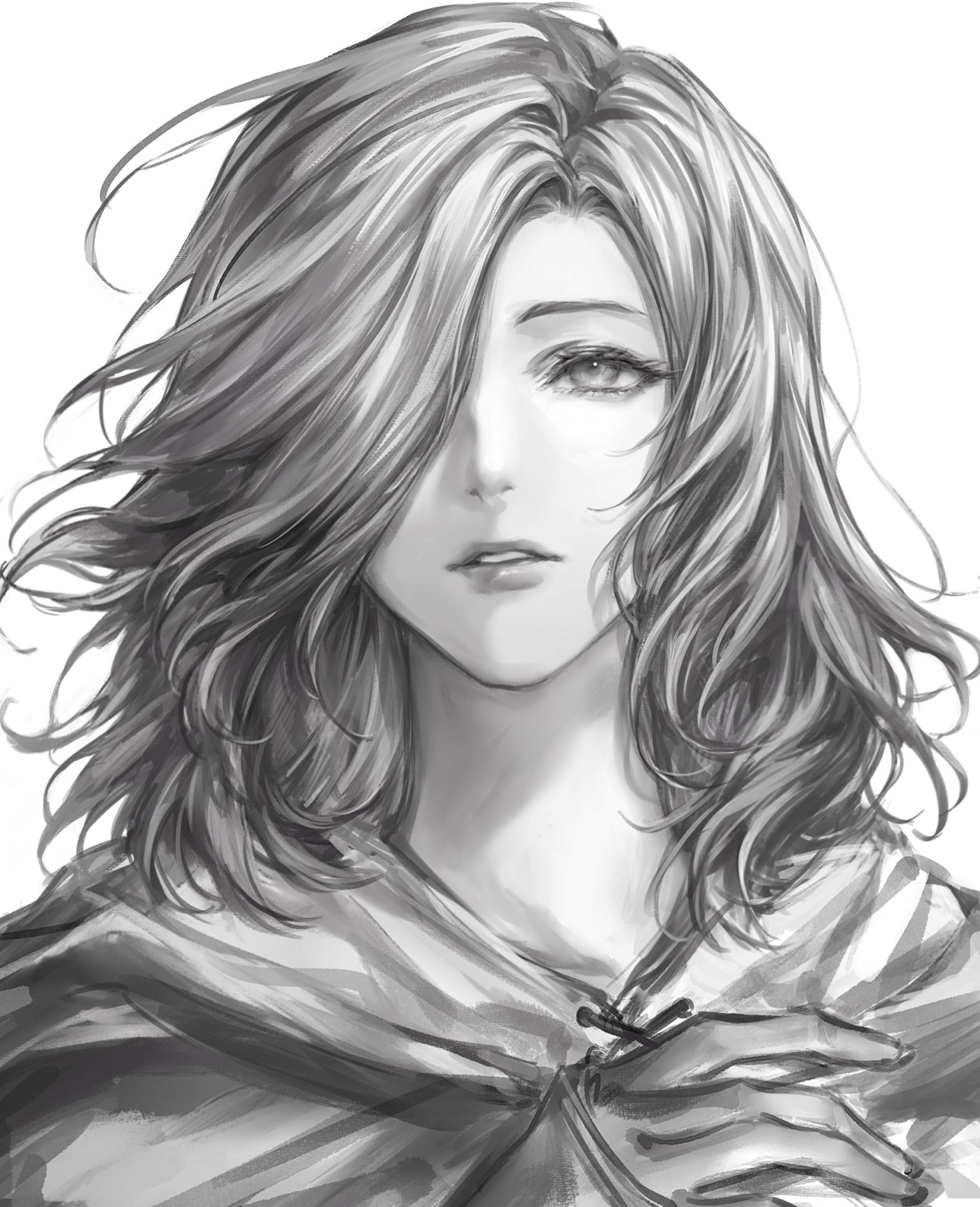 emerald herald, dark souls (series), dark souls ii, highres, 1girl, eyelashes, floating hair, greyscale, hair over one eye, mabotnb, monochrome, parted lips, portrait, solo, wavy hair