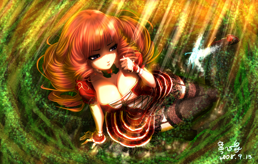 yasushi shin izumi, original, 1girl, blue eyes, breasts, choker, cleavage, dress, drill hair, fairy, female focus, garter straps, large breasts, long hair, mini person, minigirl, red hair, sitting, solo, thighhighs