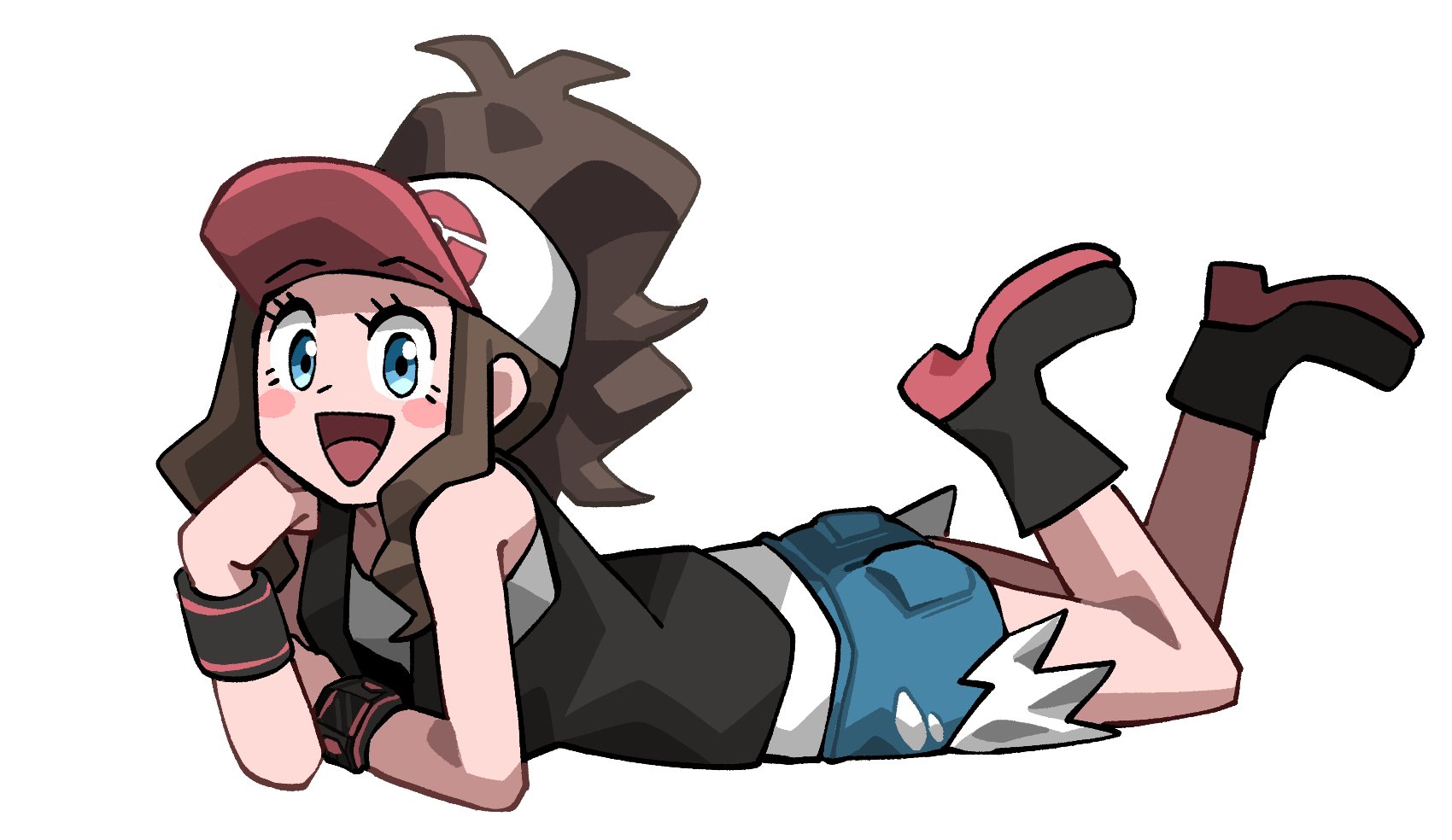 notus 49, hilda (pokemon), nintendo, pokemon, pokemon bw, highres, 1girl, :d, bare shoulders, baseball cap, black shoes, black vest, blue eyes, blush stickers, brown hair, denim, denim shorts, exposed pocket, full body, hat, high ponytail, long hair, looking at viewer, lying, on stomach, open clothes, open mouth, open vest, poke ball print, ponytail, shirt, shoes, short shorts, shorts, sidelocks, simple background, sleeveless, smile, solo, the pose, vest, white background, white shirt, wristband