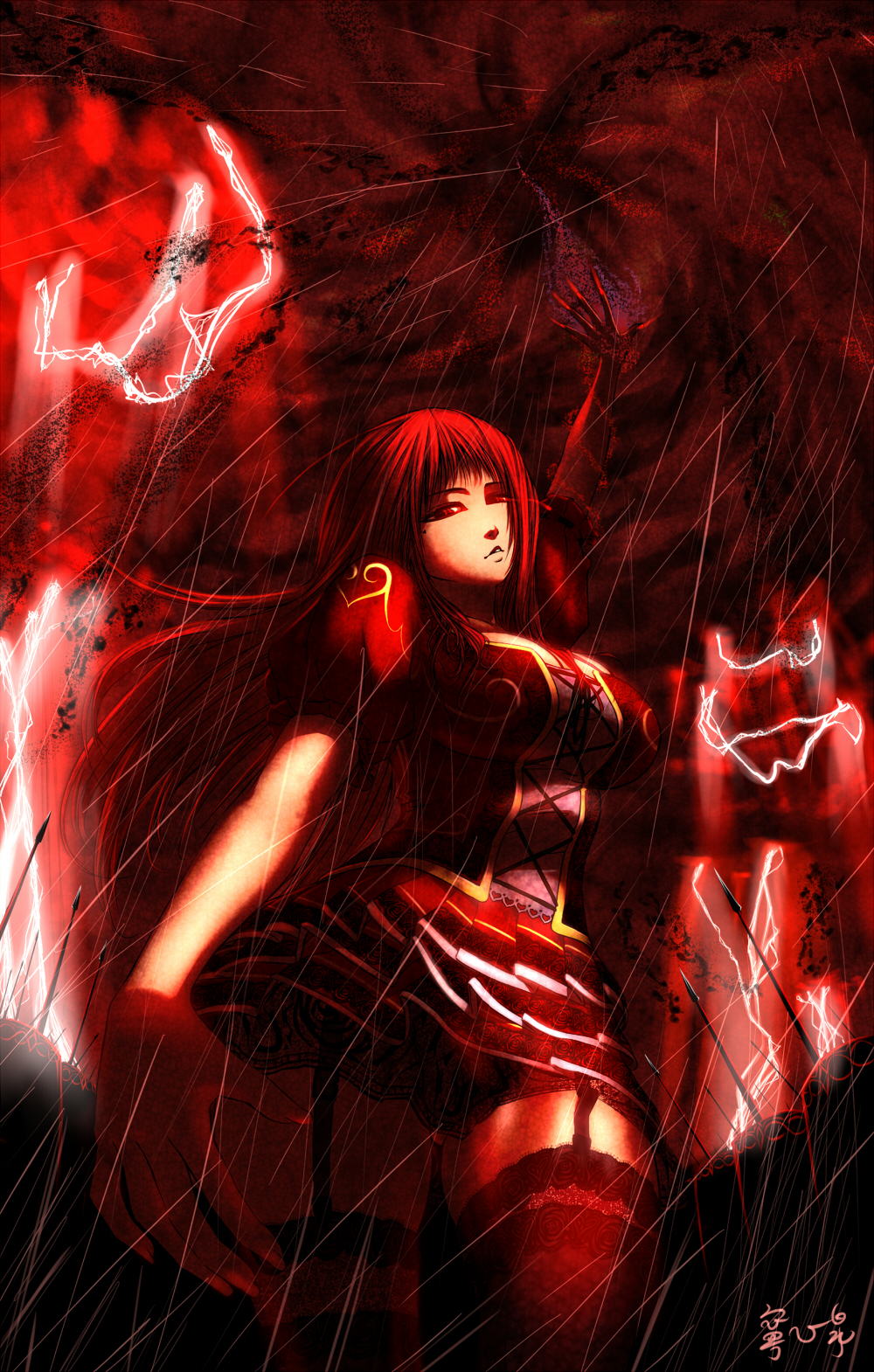 yasushi shin izumi, original, highres, 1girl, arms up, breasts, cleavage, cloud, dark, dress, female focus, garter straps, large breasts, lightning, long hair, rain, red eyes, red hair, red theme, shield, sky, solo, thighhighs, weapon