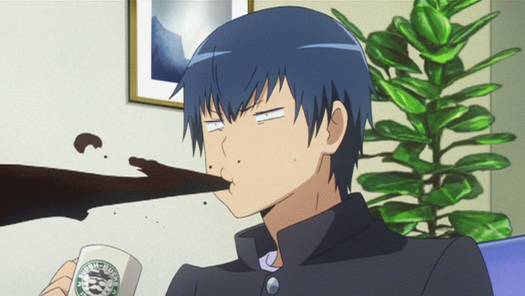 takasu ryuuji, starbucks, toradora!, animated, animated gif, anime screenshot, non-web source, 00s, 1boy, blue hair, coffee, cup, gakuran, male focus, mug, photo (object), plant, school uniform, short hair, solo, spit take, spitting
