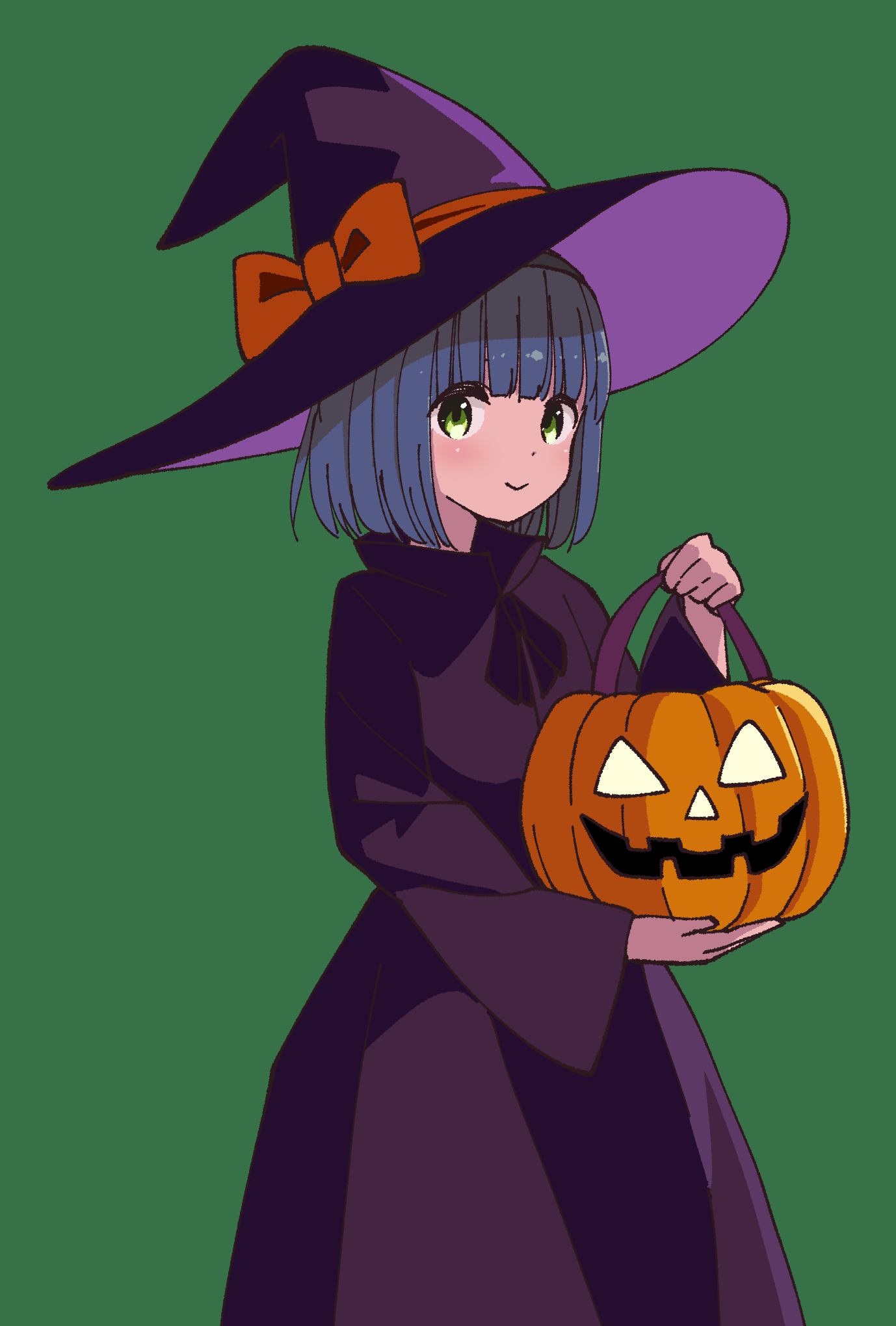 katsuwo (cr66g), kurai kako, hitoribocchi no marumaru seikatsu, commentary request, highres, 1girl, black dress, black hairband, black ribbon, blue hair, blunt bangs, bow, closed mouth, dot nose, dress, green eyes, hairband, halloween, halloween bucket, halloween costume, hat, hat bow, holding, long dress, long sleeves, looking at viewer, neck ribbon, orange bow, purple hat, ribbon, short hair, simple background, smile, solo, standing, witch, witch hat