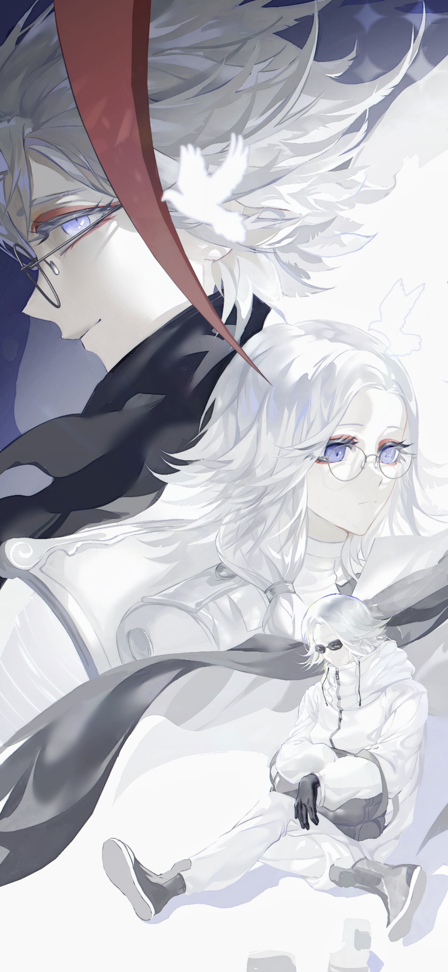 aotsuki eito, the hundred line -last defense academy-, absurdres, chinese commentary, commentary, highres, 1boy, alternate hairstyle, bird, black bag, black gloves, dove, eyeliner, gakuran, glasses, gloves, grey hair, jacket, last defense academy school uniform, long hair, looking at object, looking at viewer, makeup, male focus, multiple persona, multiple views, official alternate hairstyle, ponytail, purple eyes, red eyeliner, school uniform, shenmeshihoujiehun343, short hair, sitting, smile, sunglasses, white jacket